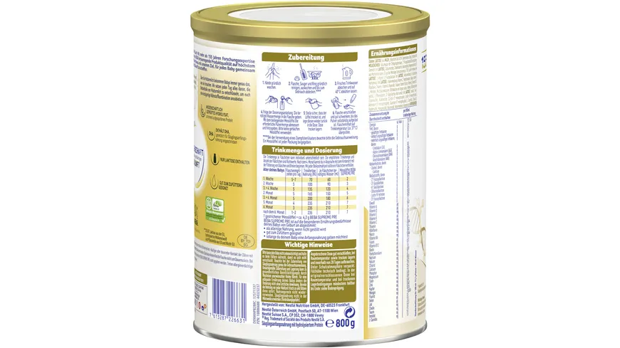 NESTLE BEBA SUPREME PRE Säuglingsanfangsnahrung von Geburt an 800 g