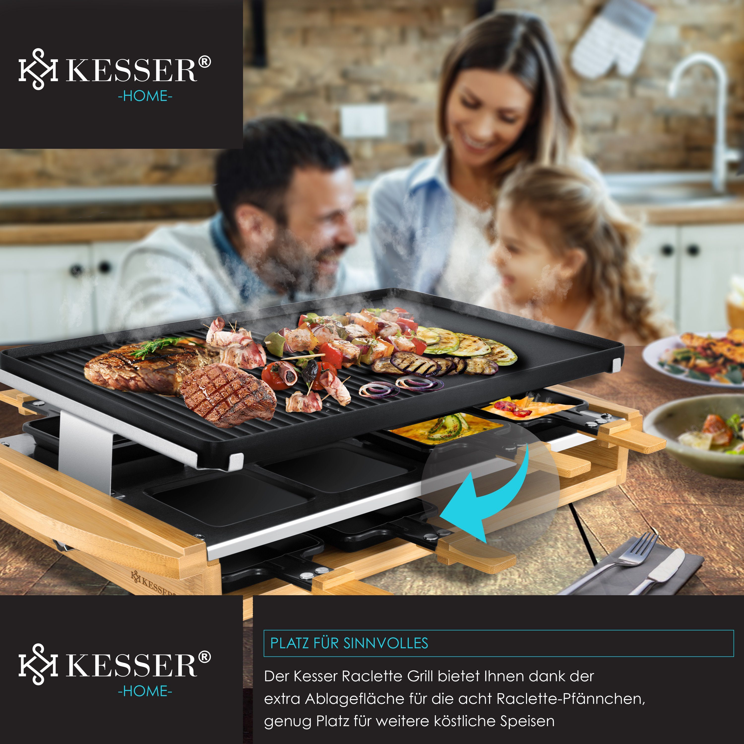 KESSER Raclette, 8 Raclettepfännchen, 1200 W, Raclette-Grill mit Naturgrillstein, Grillplatte Tischgrill