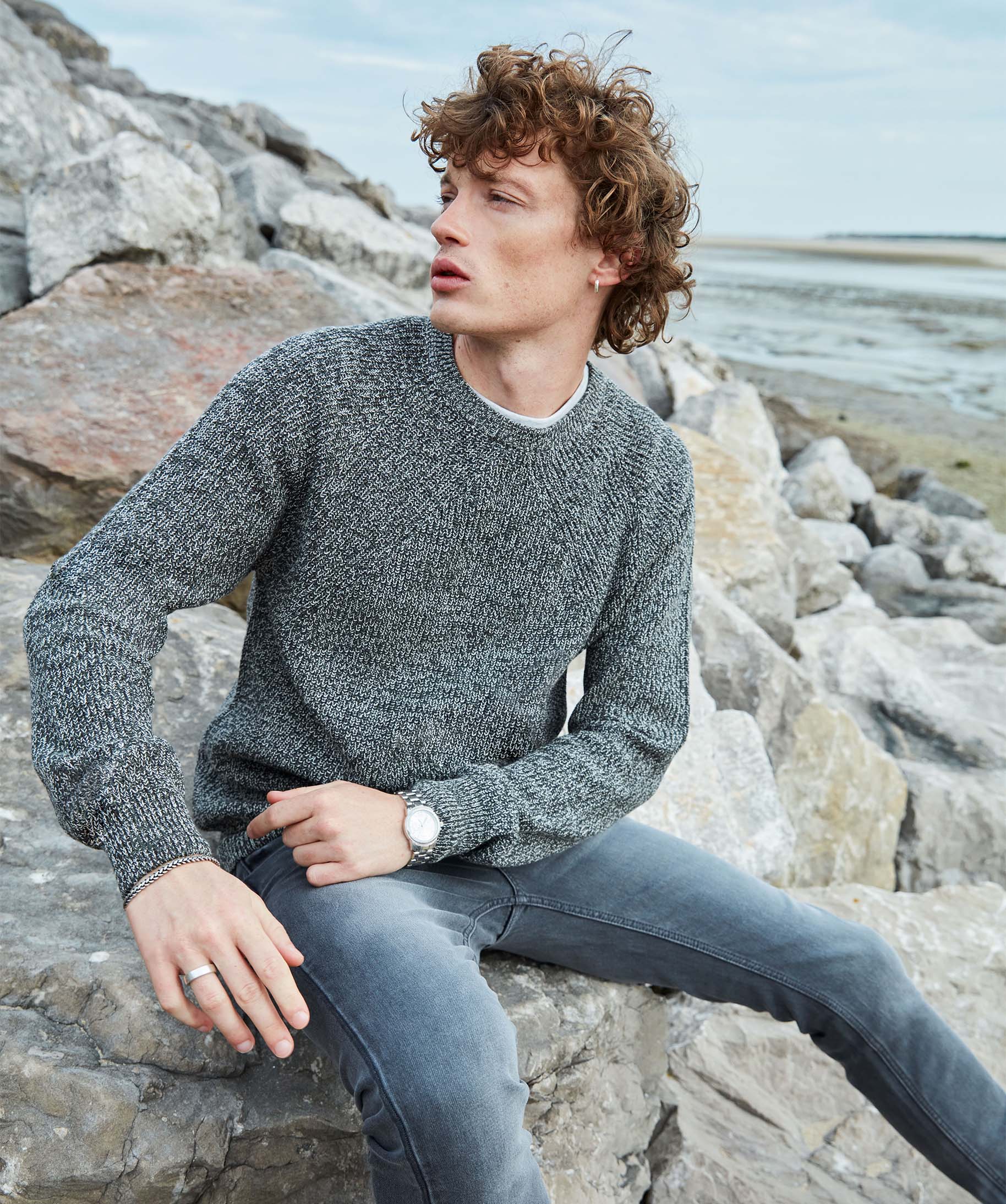 Pull homme à col rond en maille chinée noir | GEMO