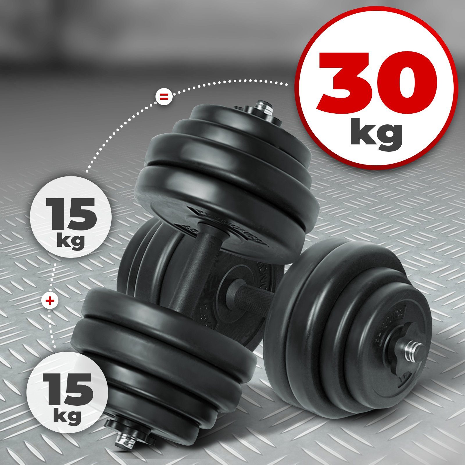 Physionics Hantel-Set Kurzhantel Set 30 kg (2 x 15 kg) - inkl. 16 Gewichte aus Kunststoff, 2 Hantelstangen und 4 Sternverschlüssen aus Plastik, Griff gerändelt aus Kunststoff, Ø 25mm - Hantelstangen, Kurzhanteln