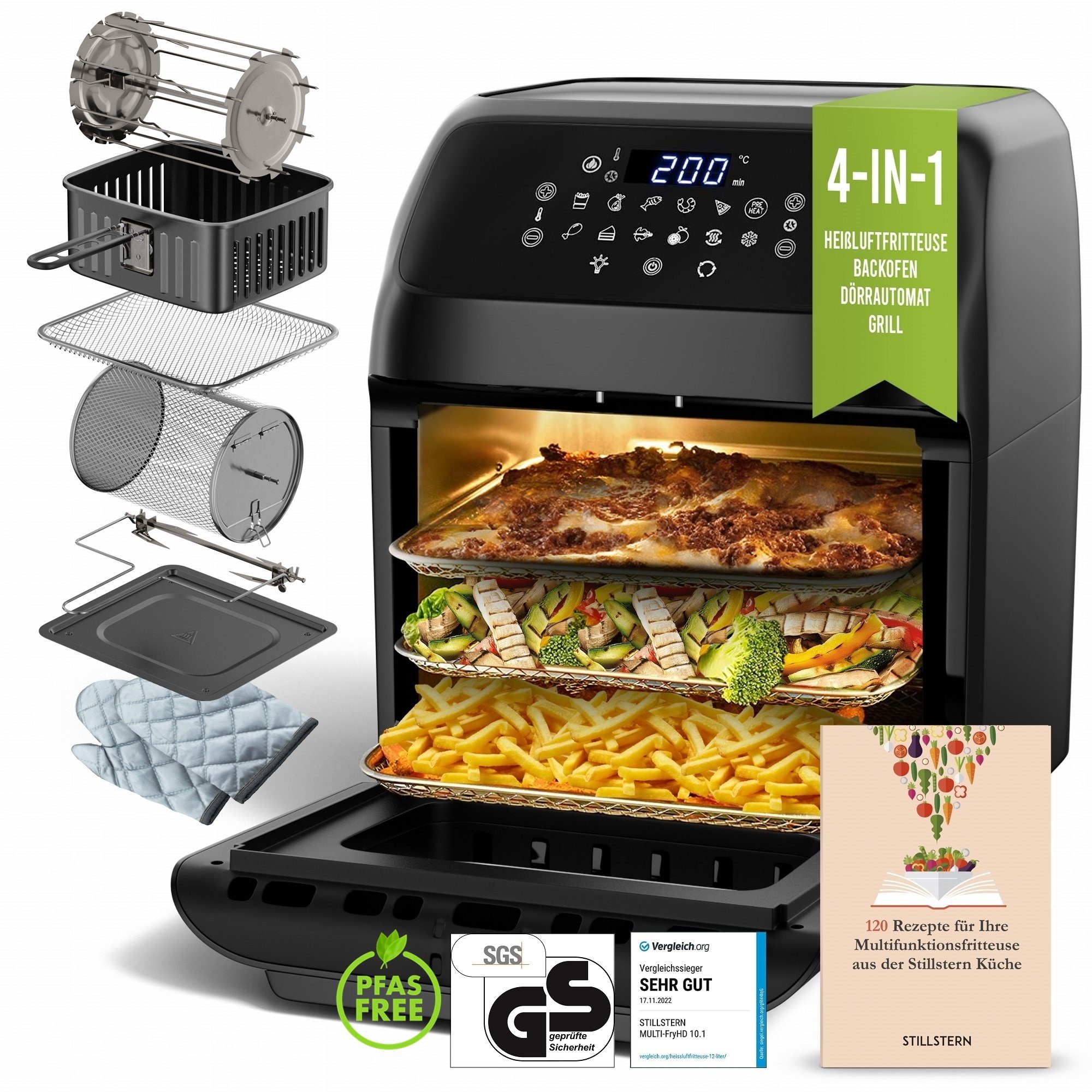 Stillstern Heißluftfritteuse MULTI-FryHD Touch 10.1, 4-in-1 (Frittieren, Backen, Dörren & Grillen), 12L mit 12 Kochprogramme, Vorheizen & Warmhalten