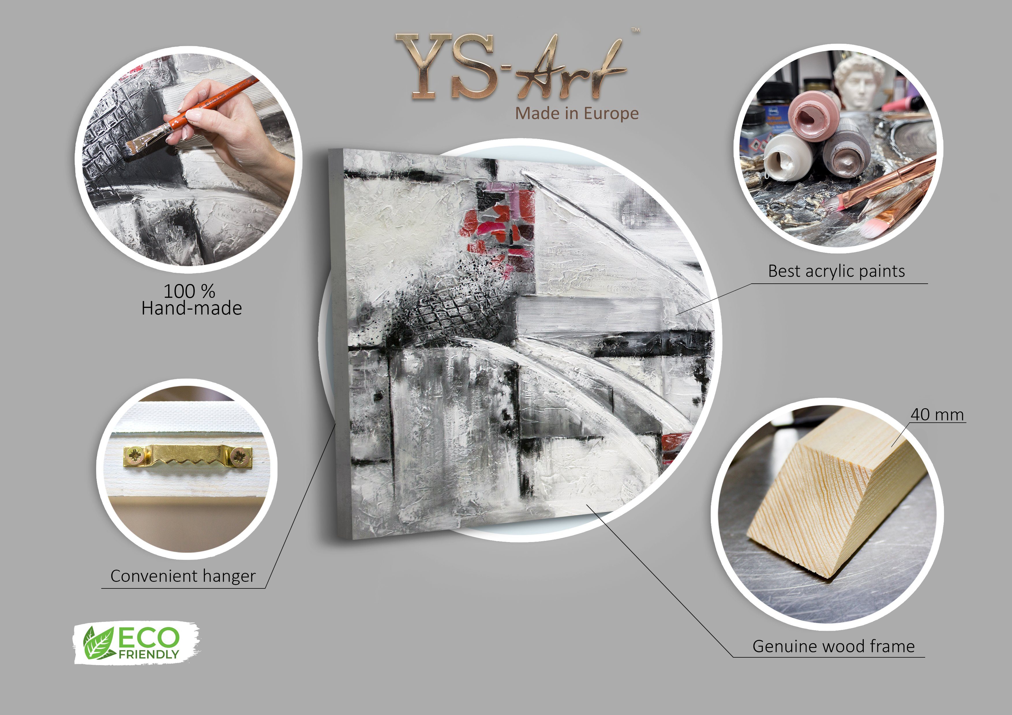 YS-Art Gemälde Abstraktion VII, Abstrakt, Abstraktes auf Leinwand Bild Handgemalt in Rot Schwarz Grau
