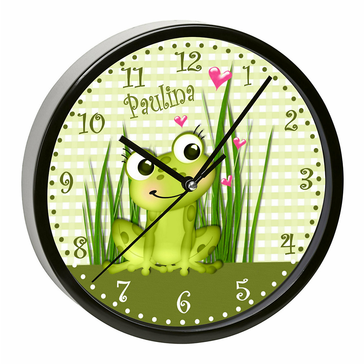 Kinder Wanduhr personalisiert mit Name Frosch-Graß-Karo