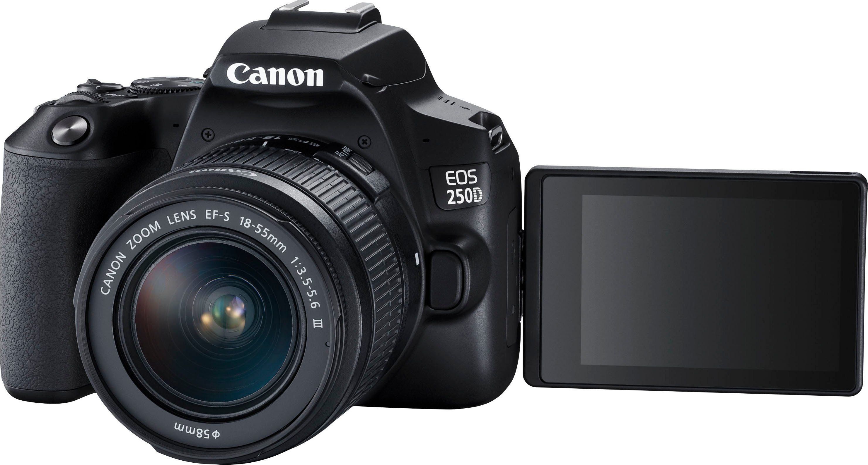 Canon 250D + EF-S 18-55mm f/3.5-5.6 III + SB130 Kit Systemkamera (EF-S 18-55mm f/3.5-5.6 III, 24,1 MP, Bluetooth, WLAN)