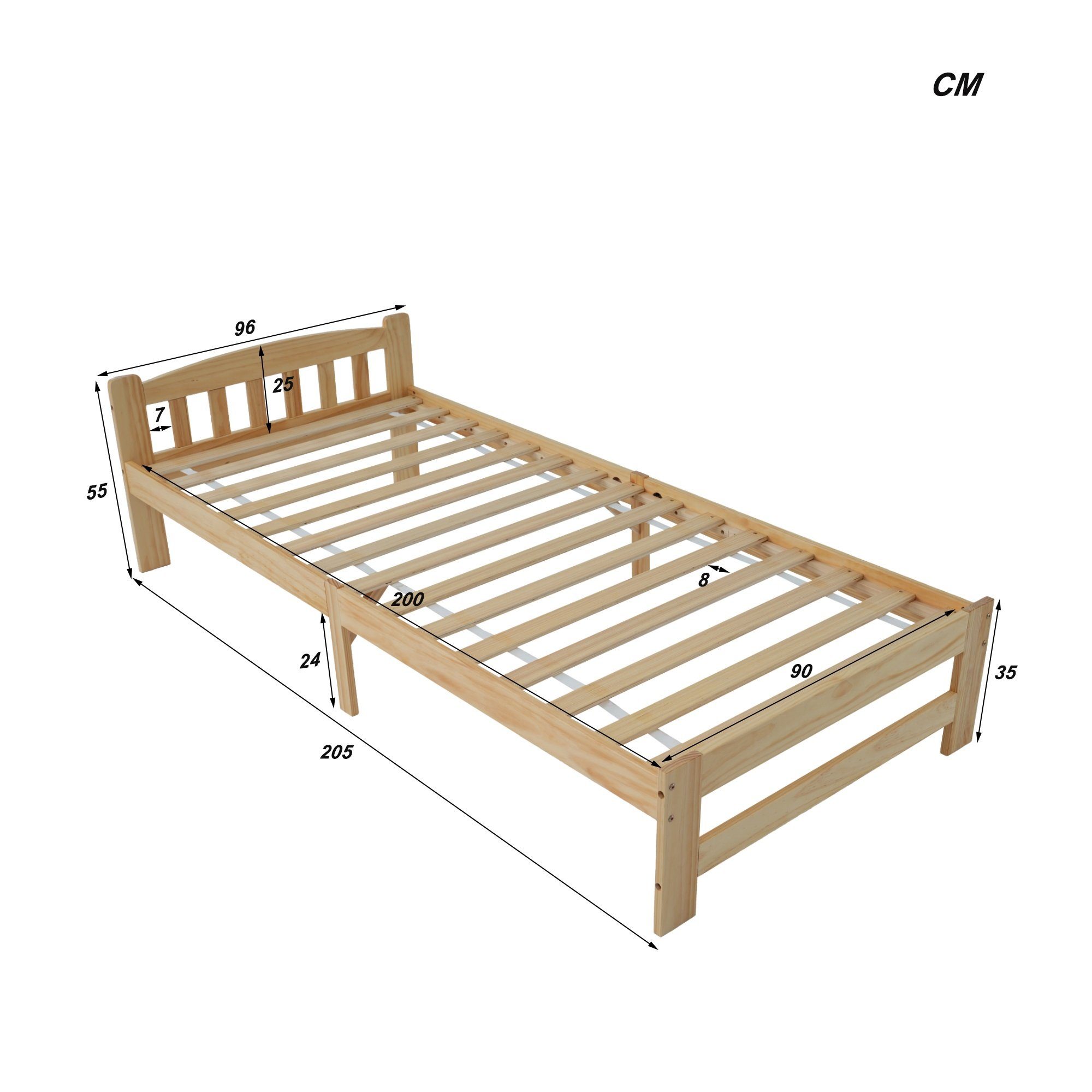 REDOM Massivholzbett Futonbett, Doppelbett Funktionsbett, Gästebett Holzbett (mit Kopfteil und Lattenroste, Jugendbett, Erwachsenenbet 90x200 cm, Massivholz Natur Bett), ohne Matratze
