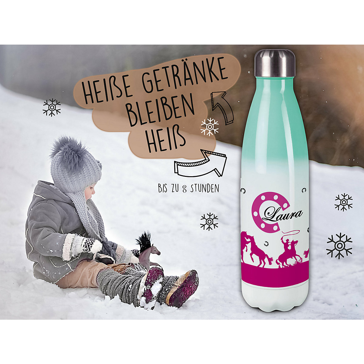 Edelstahl Kinder Thermoflasche / Trinkflasche bunt Cowboy Pferde Farbe pink Spülmaschinenfest, Auslaufsicher, Bruchfest, Doppelwandig, Für Heißgetränke geeignet, Mit Deckel, Isoliert