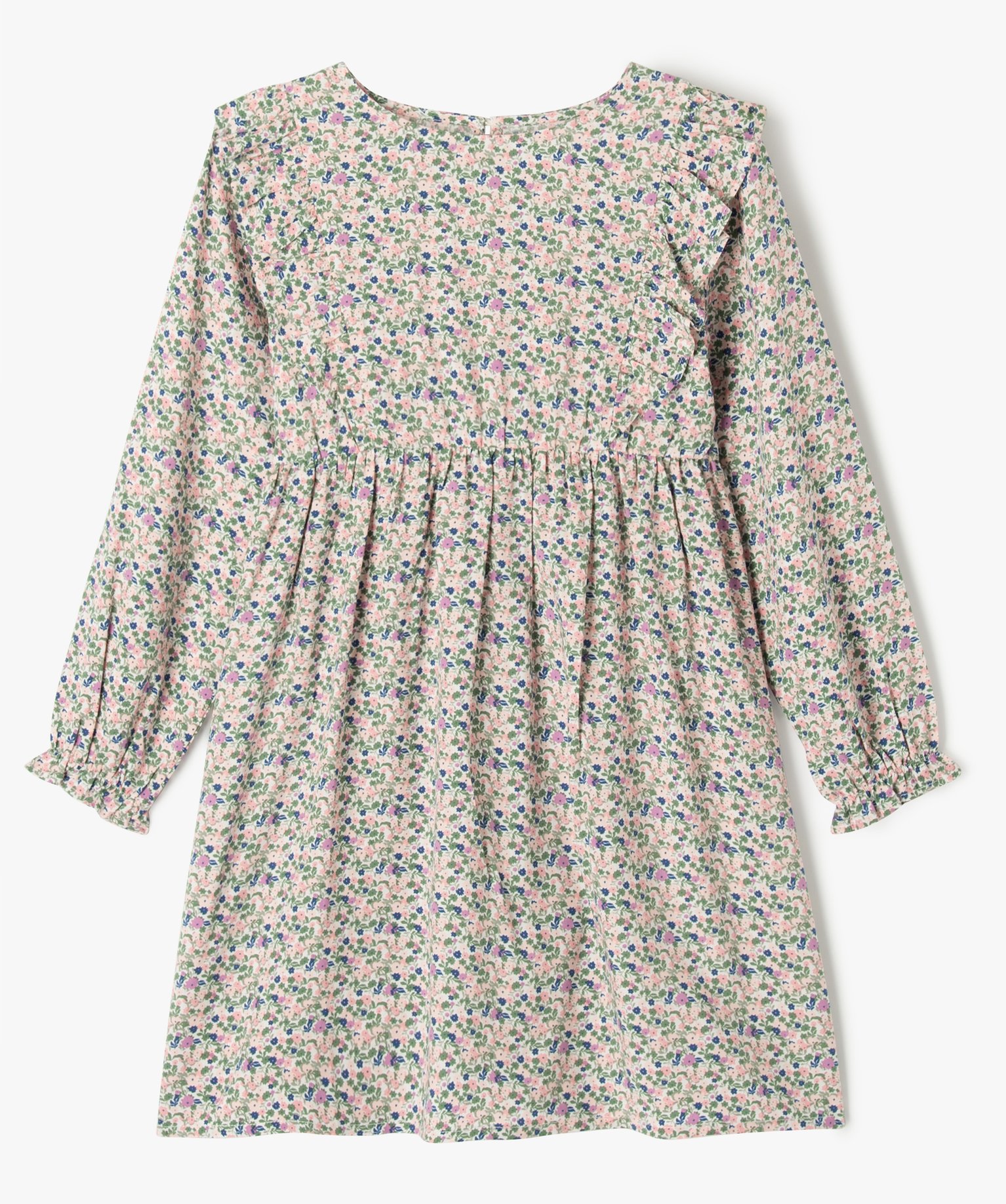 Robe fleurie à manches longues et volants fille kaki | GEMO