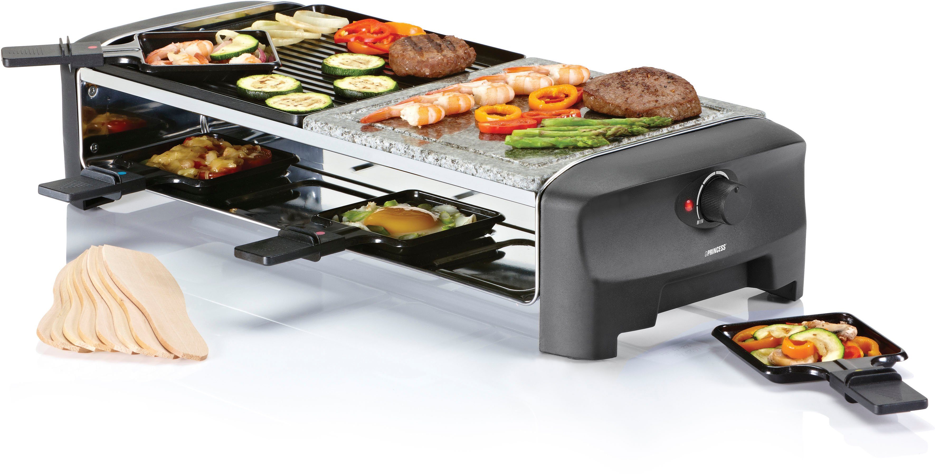 PRINCESS Raclette 8 Stone & Grill Party 162820, 8 Raclettepfännchen, 1300 W