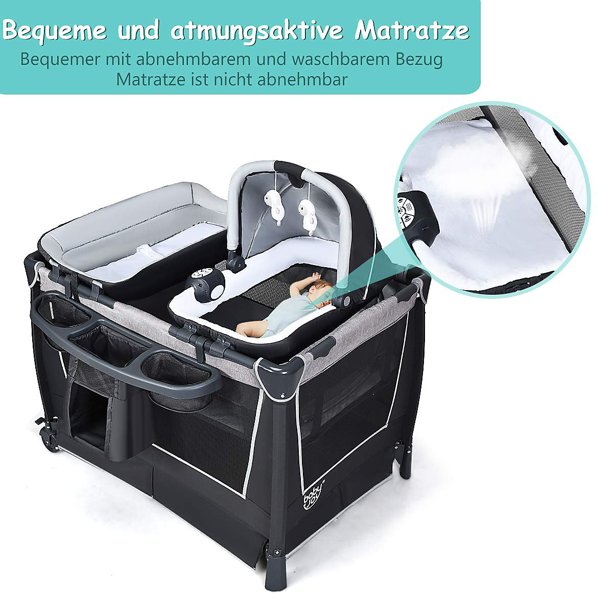 Reisebett inkl. Wickelauflage, Matratze, Spieluhr, Spielzeug