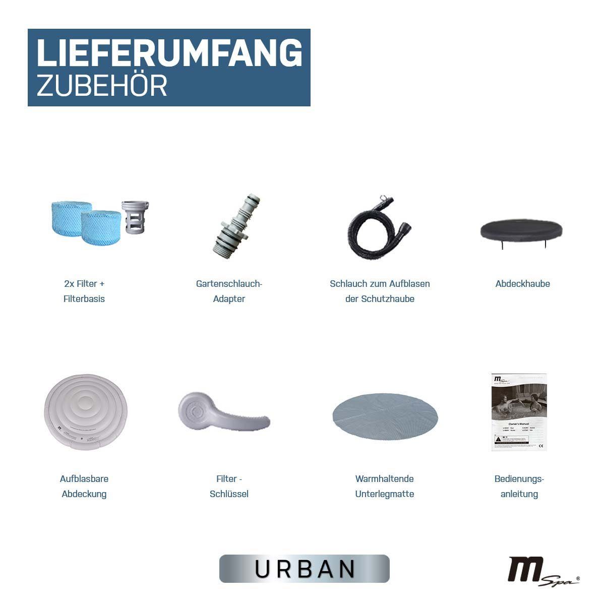 mSpa Whirlpool Outdoor Whirlpool aufblasbar Urban Rimba U-RB061 für 6 Personen, (Luxus Garten Pool - inkl. 2x Filterkartusche - Isolierabdeckung - Schnellheizsystem - Winterfest - 138 Luftdüsen, 4-tlg., Abdeckung mit Schloss - Indoor - LED Fernbedien