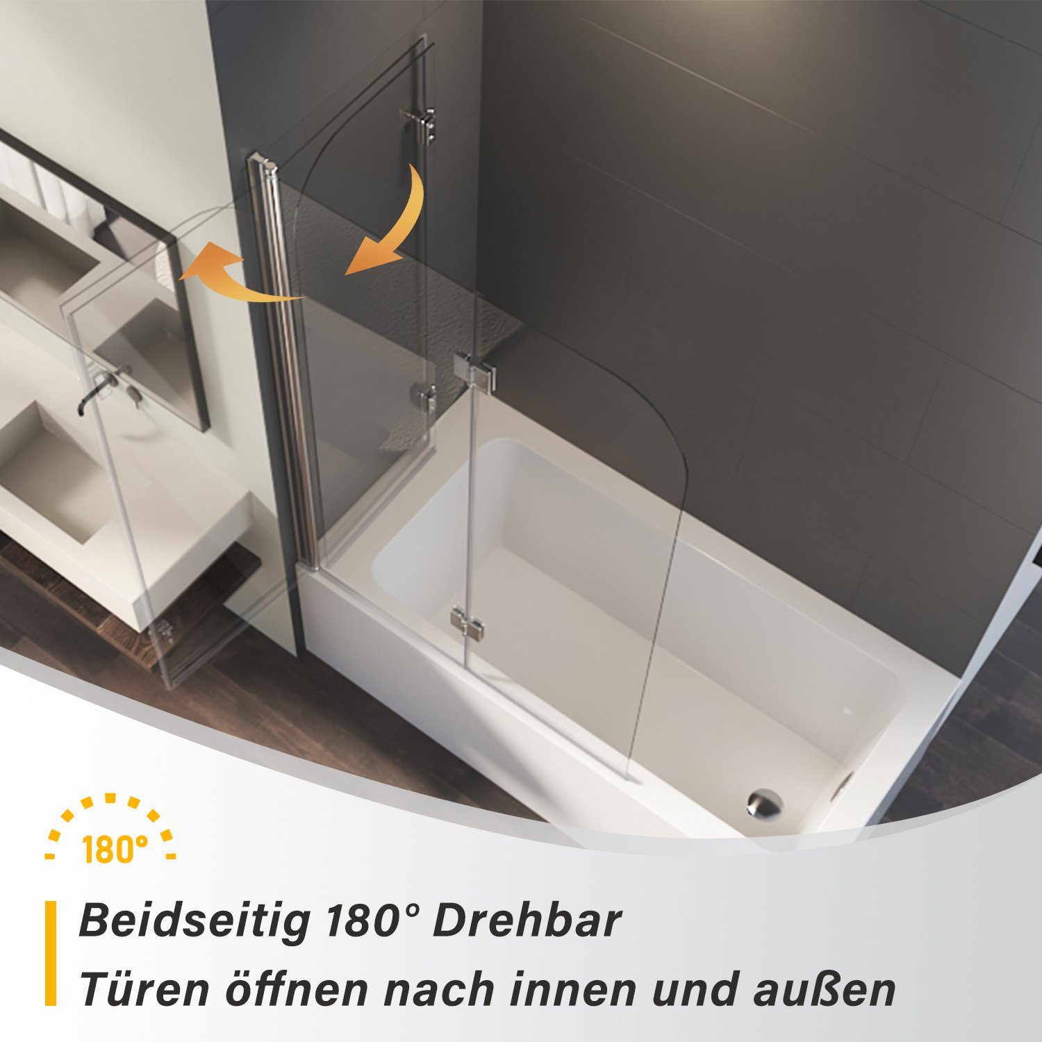 Boromal Badewannenaufsatz Duschwand für Badewanne Glas 2-teilig 100x140 Schwarz / Chrom Glaswand, (Klarglas /Teilsatiniert glas), Badewannenfaltwand Glaswand 6mm ESG Glas
