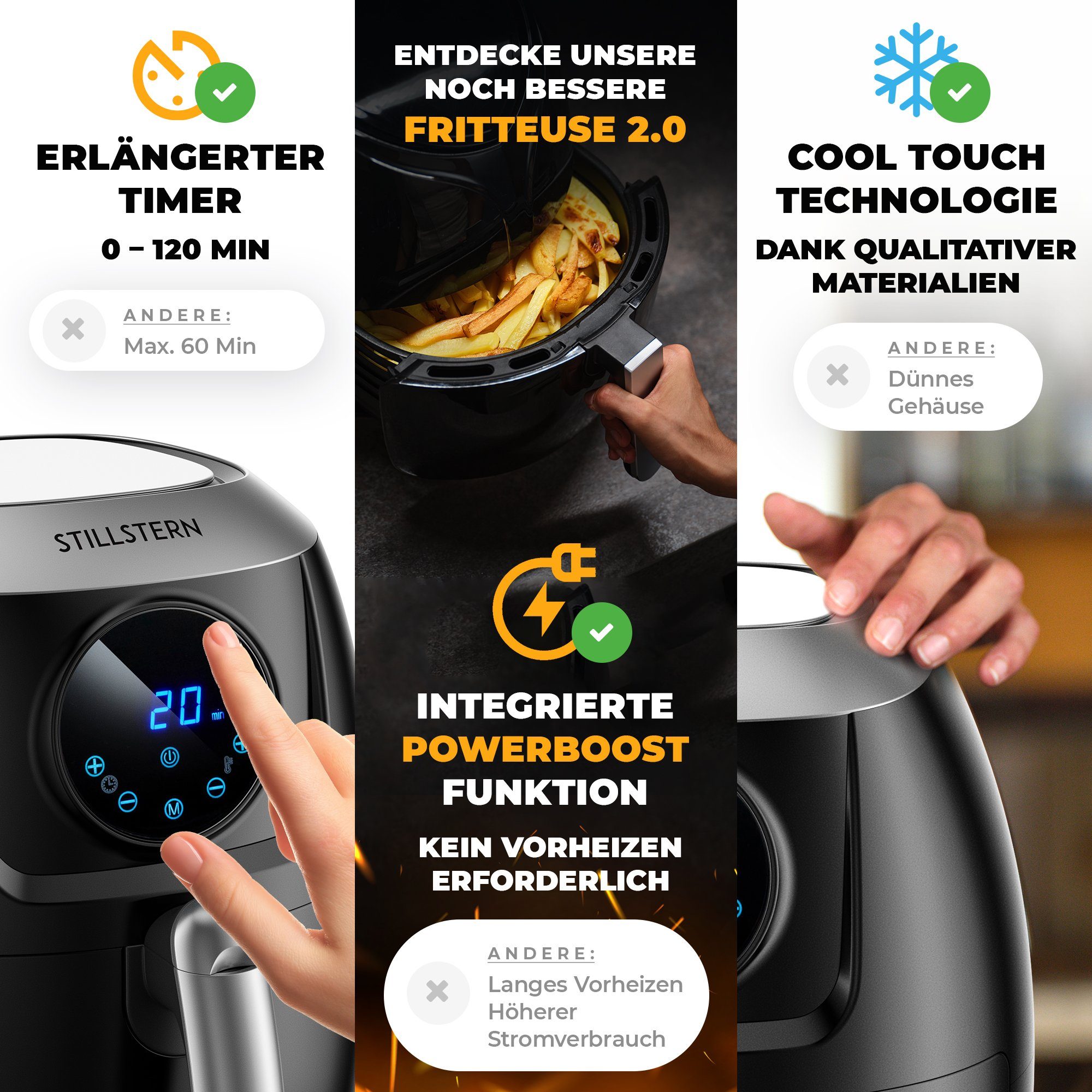 Stillstern Heißluftfritteuse FryHD 3G XL, 5L, 7 Automatikprogramme, LED-Display, 120 Rezepte, Heißluftfritteuse, Schwarz