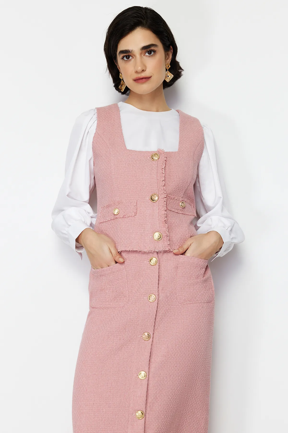 Trendyol Modest  Fuchsiafarbenes Tweed-Westenrock-Set mit gewebtem Unterteil und Oberteil TCTSS24US00013