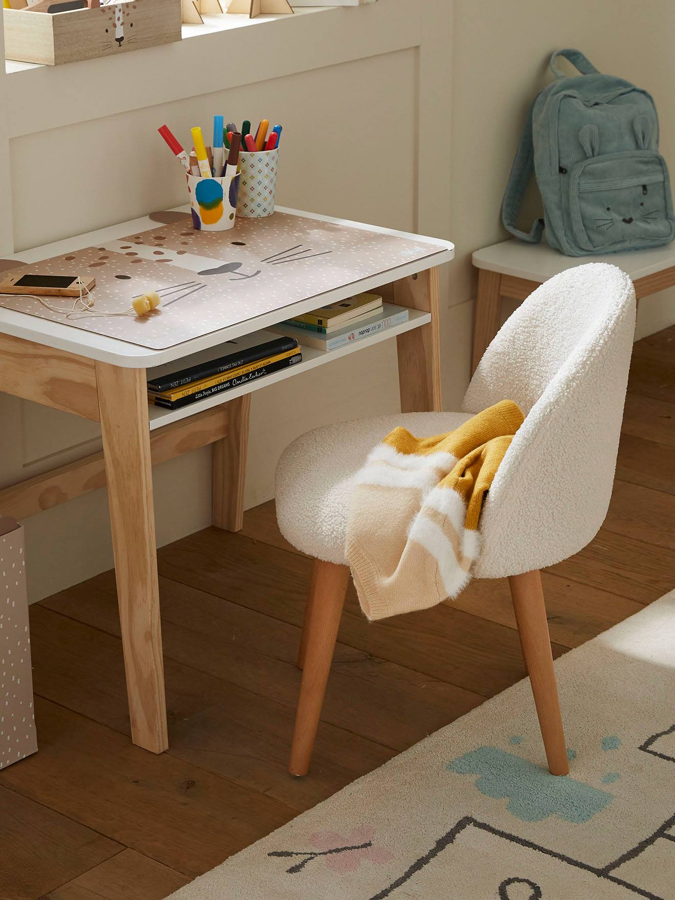 Vertbaudet Kinder Stuhl mit Webpelz, Sitzhöhe 35,5 cm - wollweiß