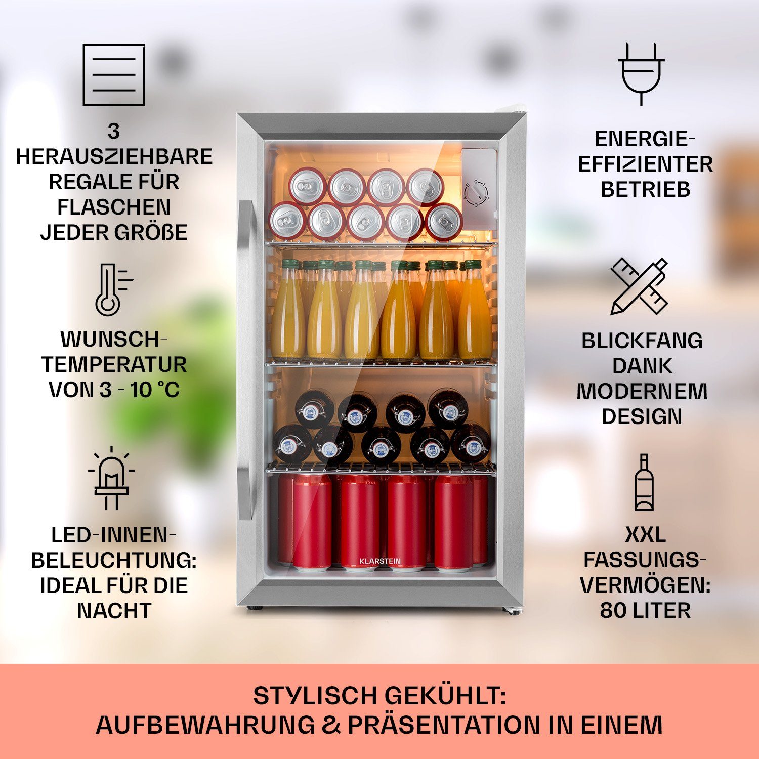 Klarstein Getränkekühlschrank HEA-BeersafeXXL-Crys 10039424, 83 cm hoch, 47.5 cm breit, Bierkühlschrank Getränkekühlschrank Flaschenkühlschrank mit Glastür