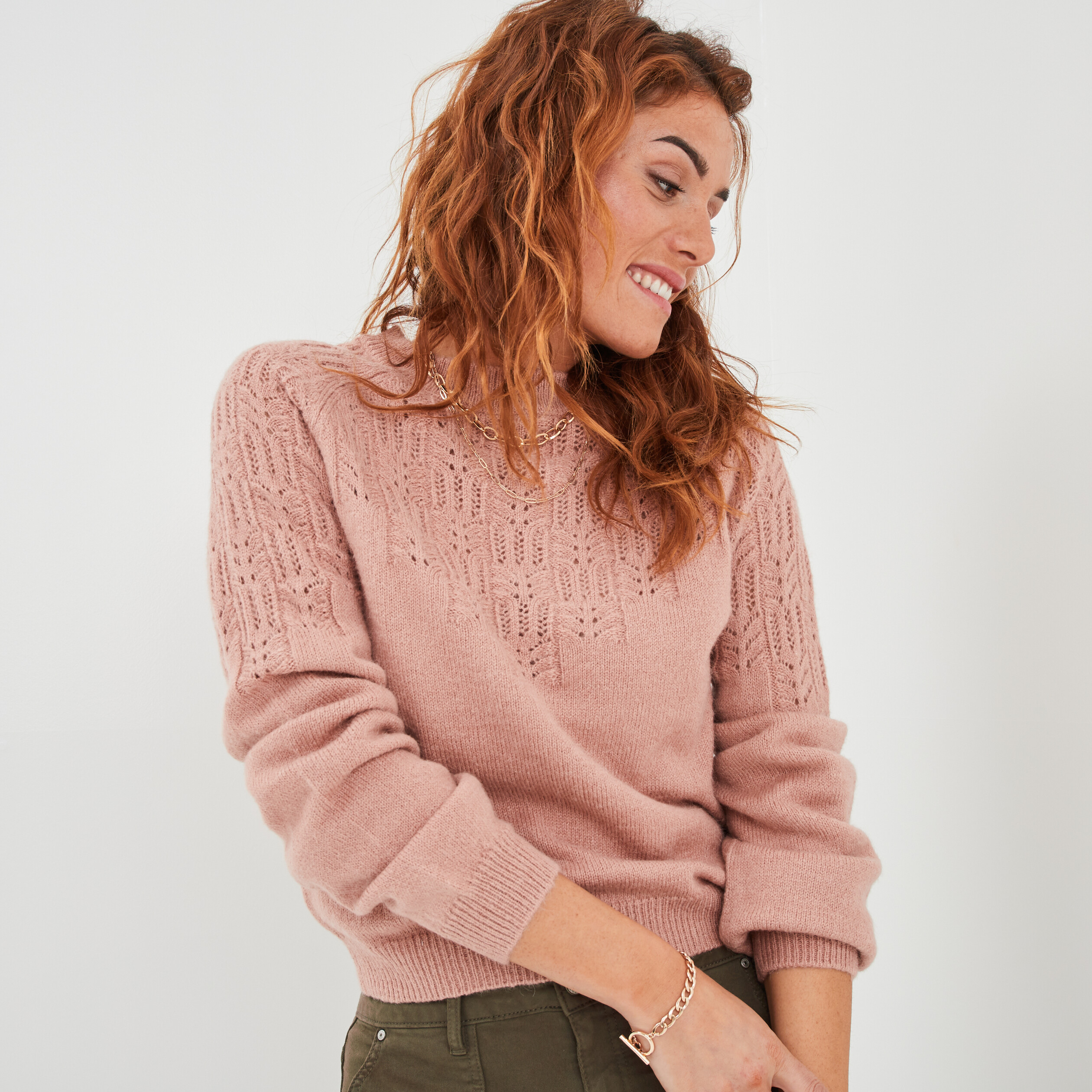 Pull manches ballons détails ajourés vieux rose femme | La Halle