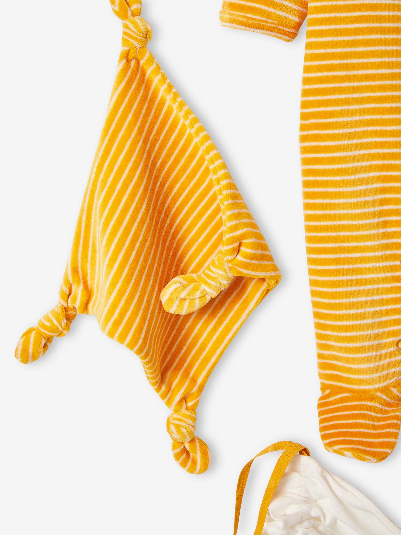 Kit naissance 5 pièces et sac rayé chat lot jaune épicé