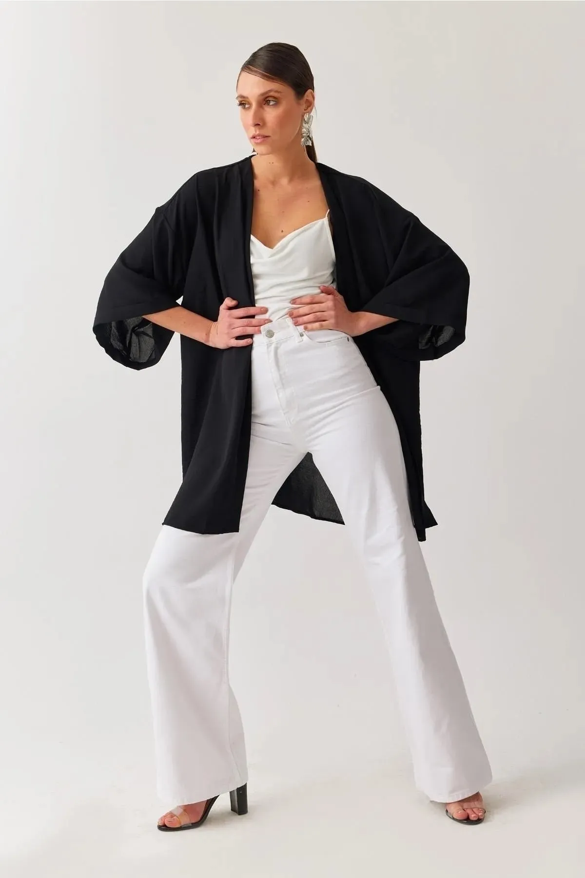 LİMABEL  Weiße Palazzo-Hose mit hoher Taille und weitem Bein, Jeans mit weitem Bein