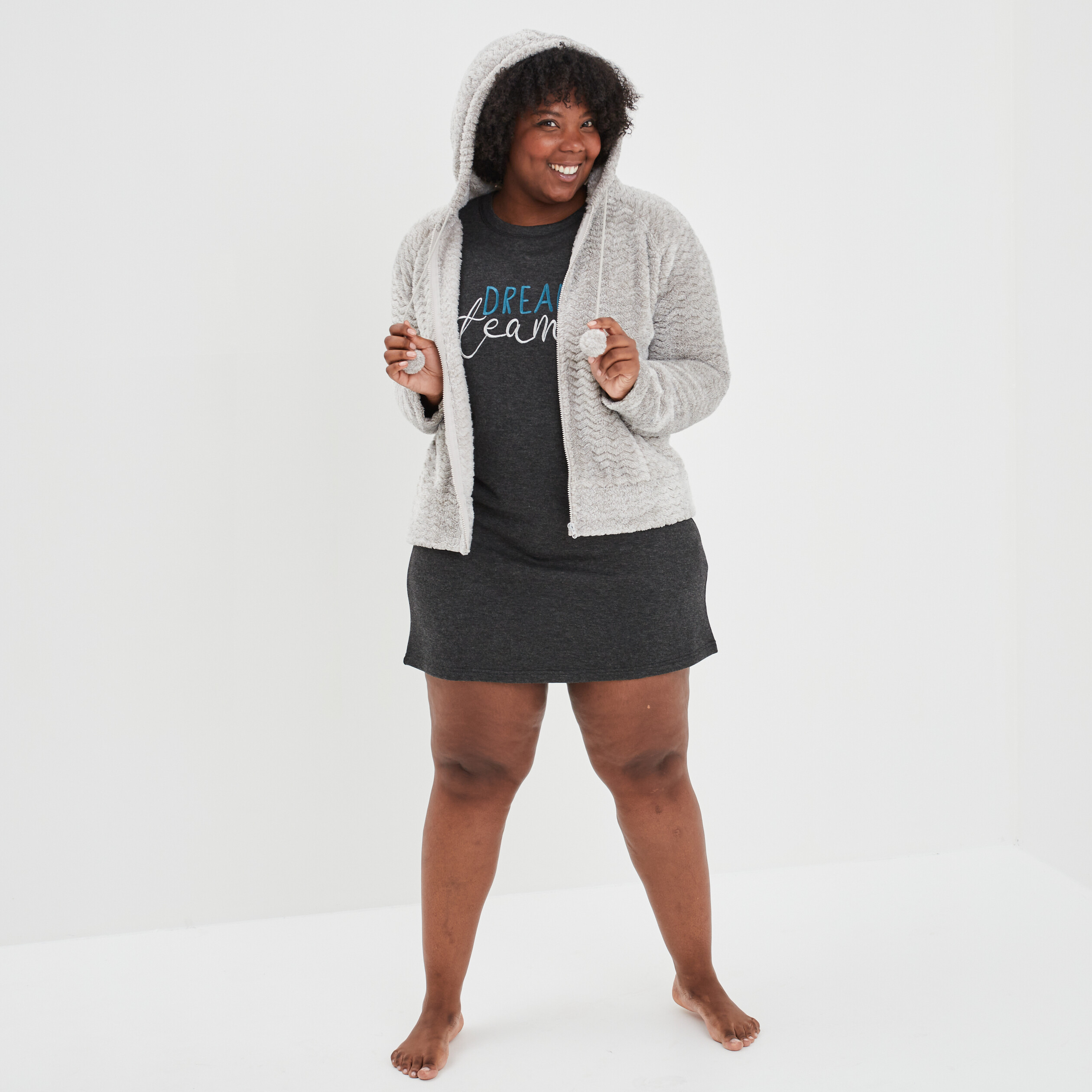Chemise de nuit courte manches longues gris foncé femme grande taille | La Halle
