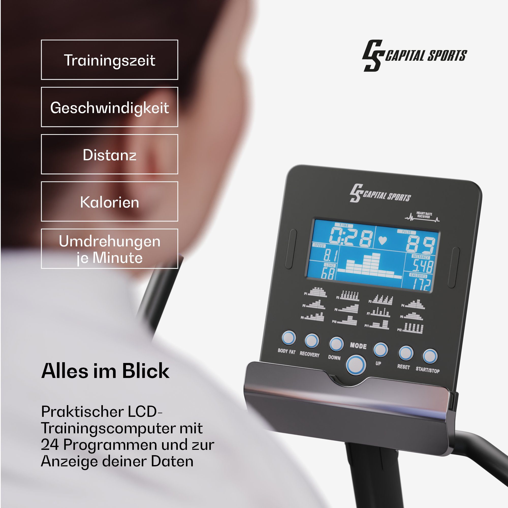 Capital Sports Crosstrainer (Trainingscomputer mit 24 Programmen), Standfahrrad Hometrainer Cardio Trainingsgerät Ausdauertraining Fitnes