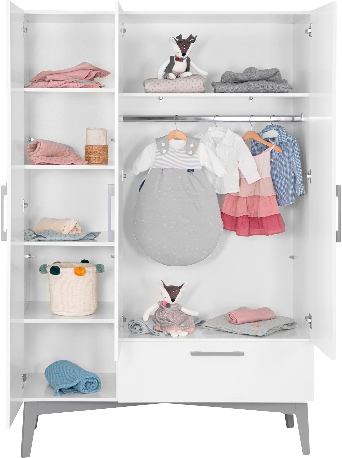 roba® Babyzimmer-Komplettset Mika, (Set, 3-St., Kombi-Kinderbett, Kleiderschrank, Wickelkommode), mit grauen Füßen im Retro Look