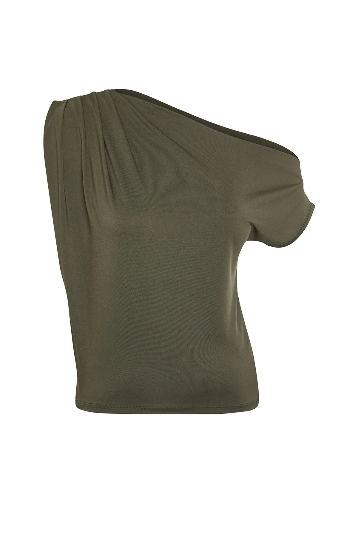 Trendyol Collection  Khakifarbene, ärmellose Stretch-Strickbluse mit asymmetrischem Kragen und normaler Passform TWOSS24BZ00396