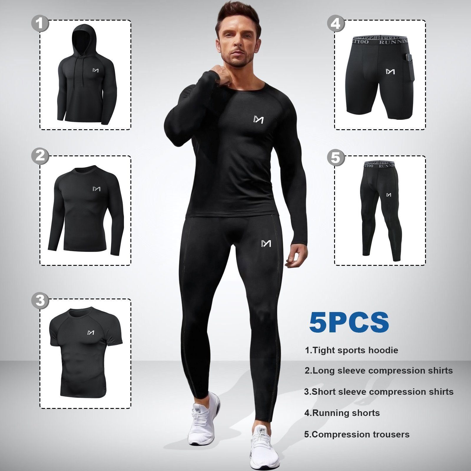 MEETYOO Trainingsanzug Herren Funktionsshirt Trainingsanzug (Kapuzenpulli Langarmshirt T-Shirt Laufhose, 5er-Pack, Trainingsshirt Laufanzug), Kompressionsshirt Shorts Laufhose,Fitness,Sport