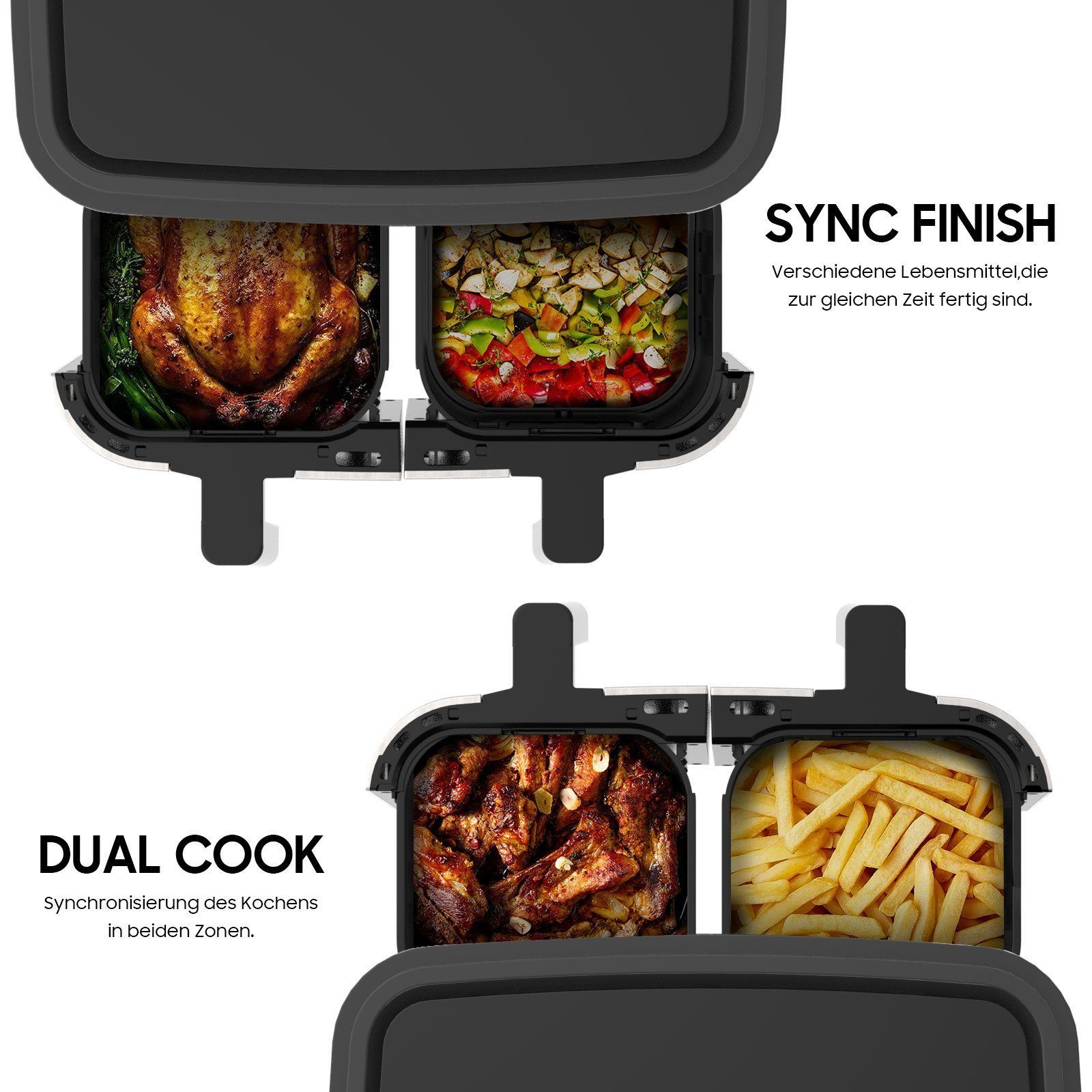 Senmudi Heißluftfritteuse 10L Heißluftfritteuse mit Doppelkammer, XXL Airfryer mit 8 Programmen, 2600,00 W, Sync Finish Funktion, ohne Öl, Digitalem LED-Touchscreen