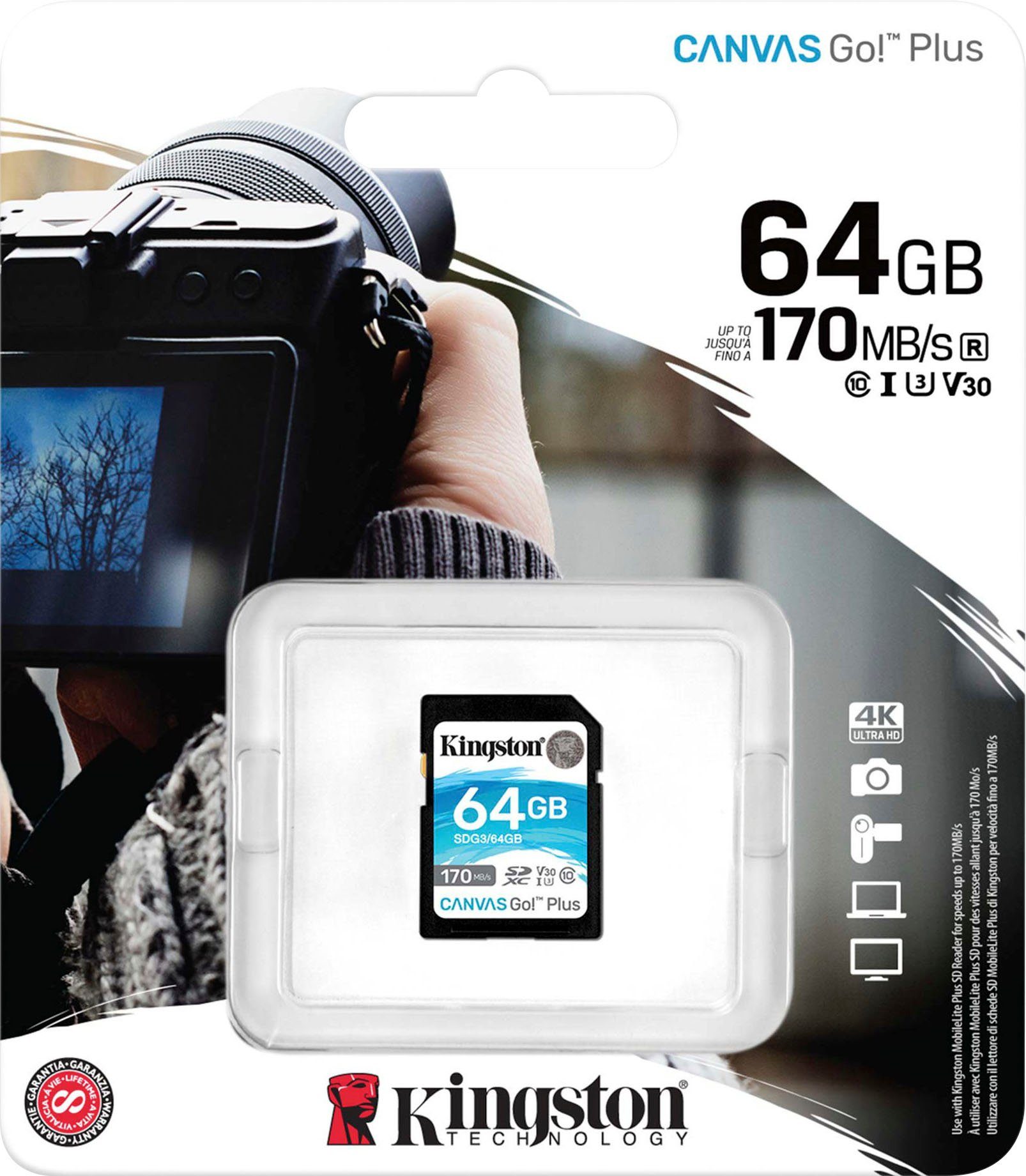 Kingston Canvas Go Plus microSD 64GB + ADP Speicherkarte (64 GB, Video Speed Class 30 (V30)/UHS Speed Class 3 (U3), 170 MB/s Lesegeschwindigkeit)
