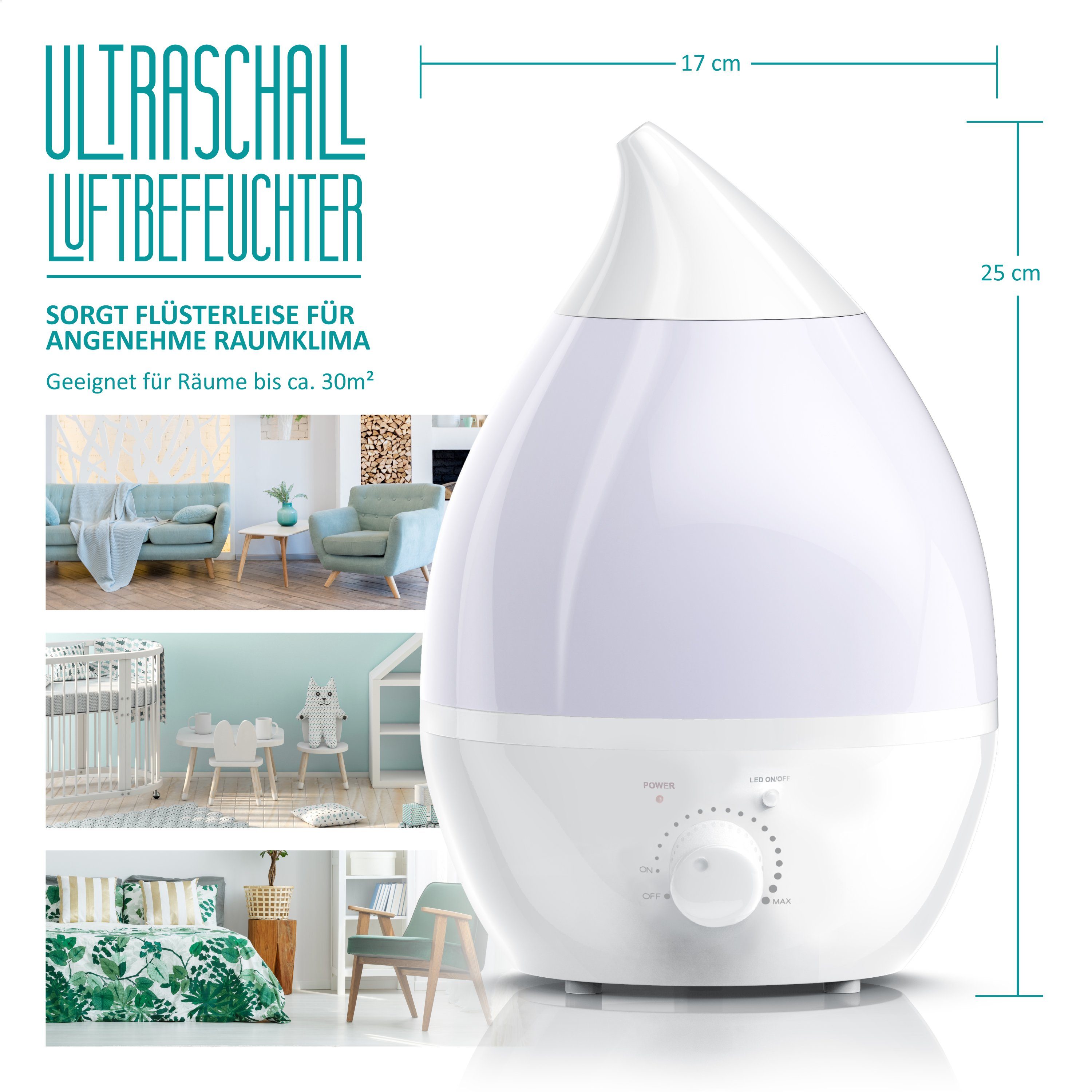 Arendo Luftbefeuchter, 1,3 l Wassertank, Raumbefeuchter mit Ultraschall & LED-Farbwechsel inkl. Wasserfilter