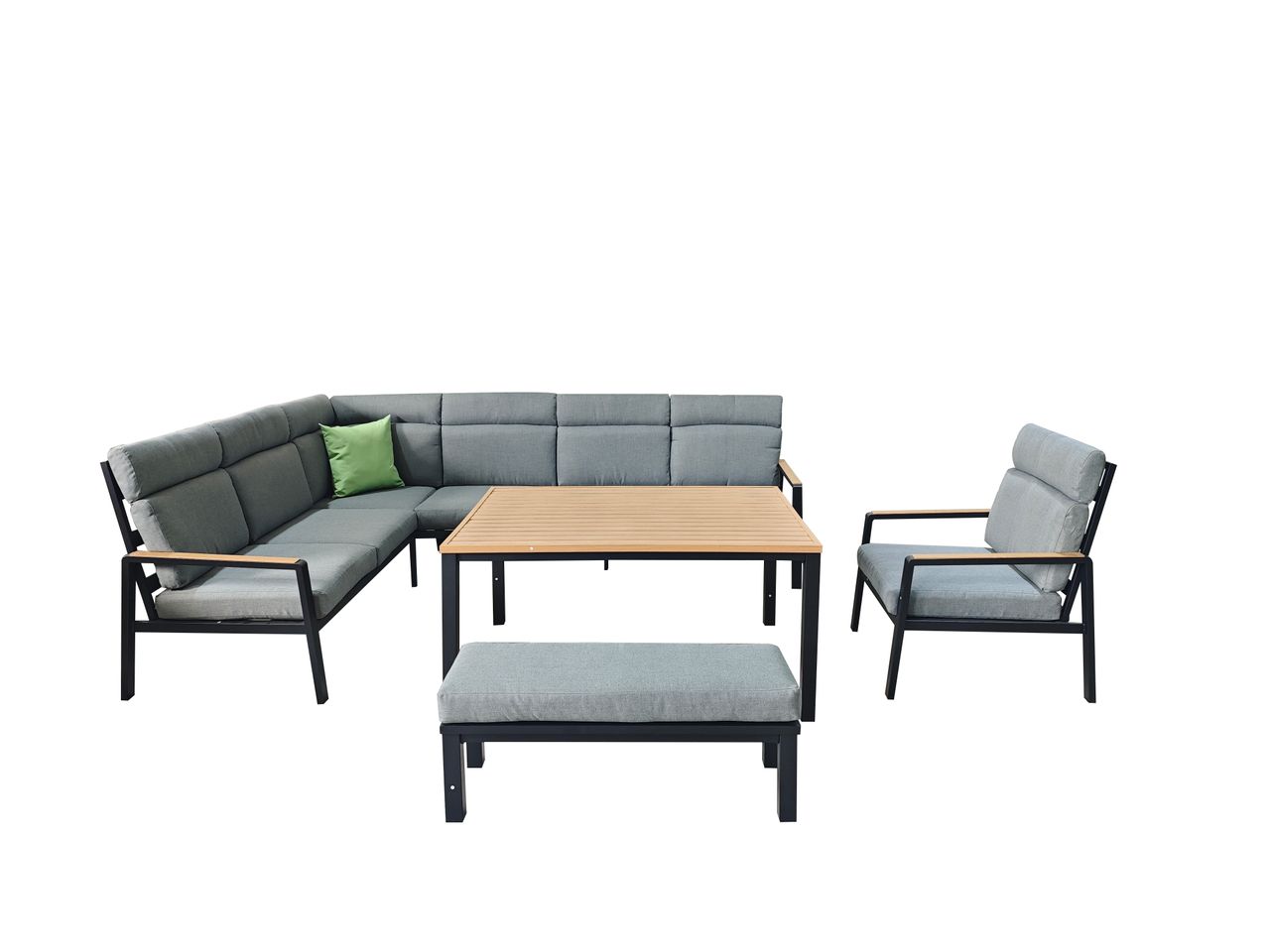 Happy Home 6 tlg. Eck-Lounge Set HGS55-GRA mit hoher Rückenlehne, Sitzkissen, grau & Holzoptik
