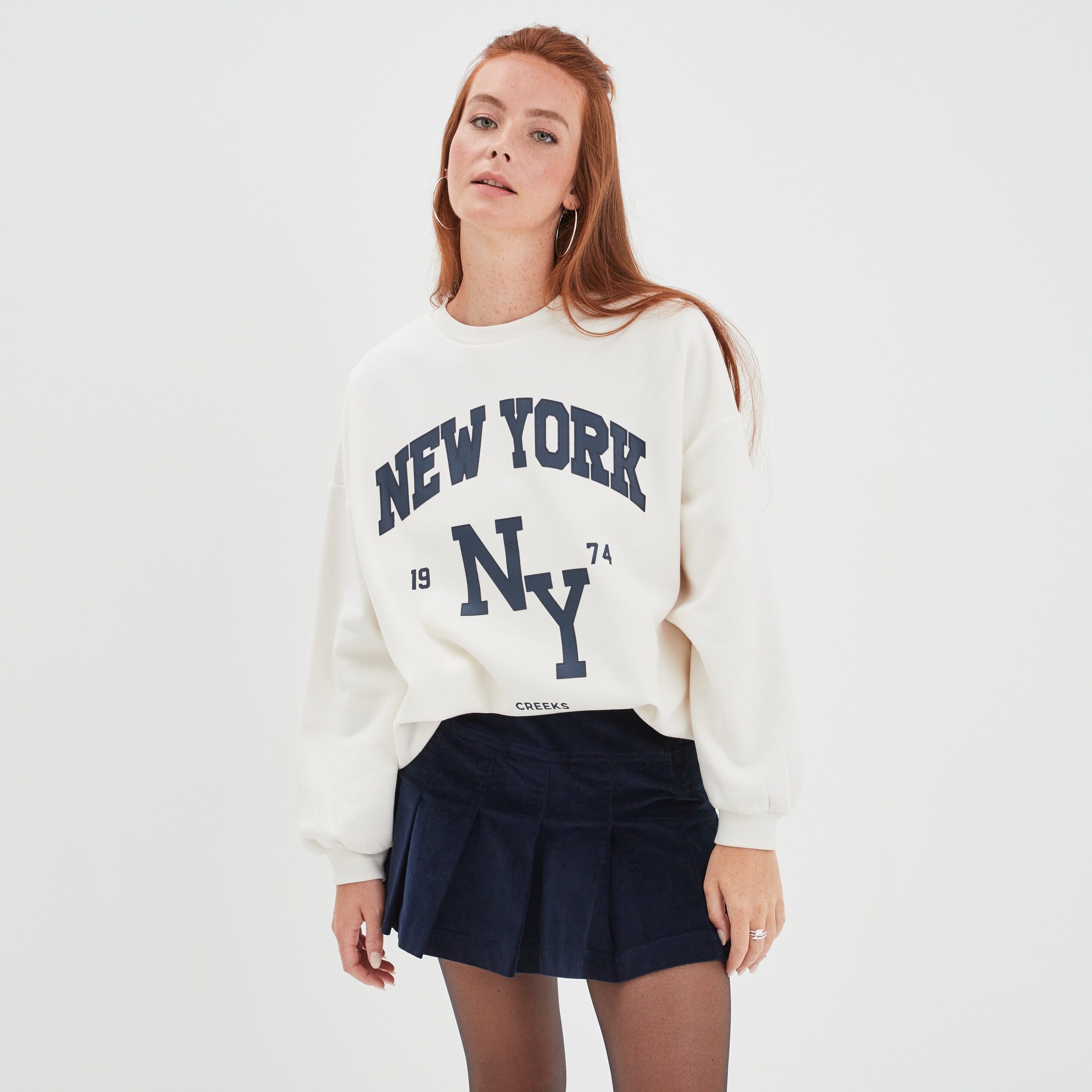 Sweat oversize mi-long col rond Creeks creme femme | La Halle