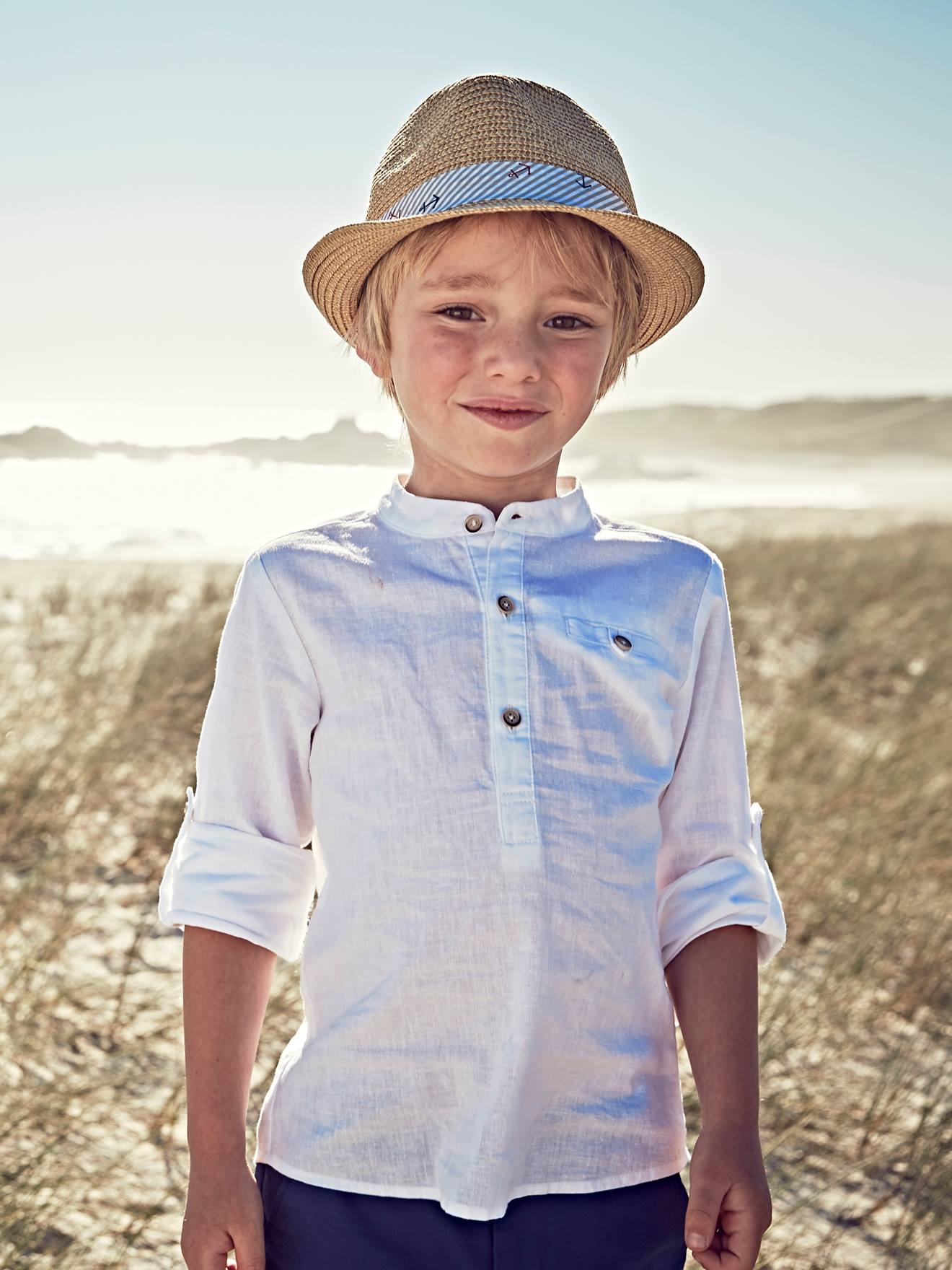 Chemise col Mao garçon en coton/lin manches longues blanc