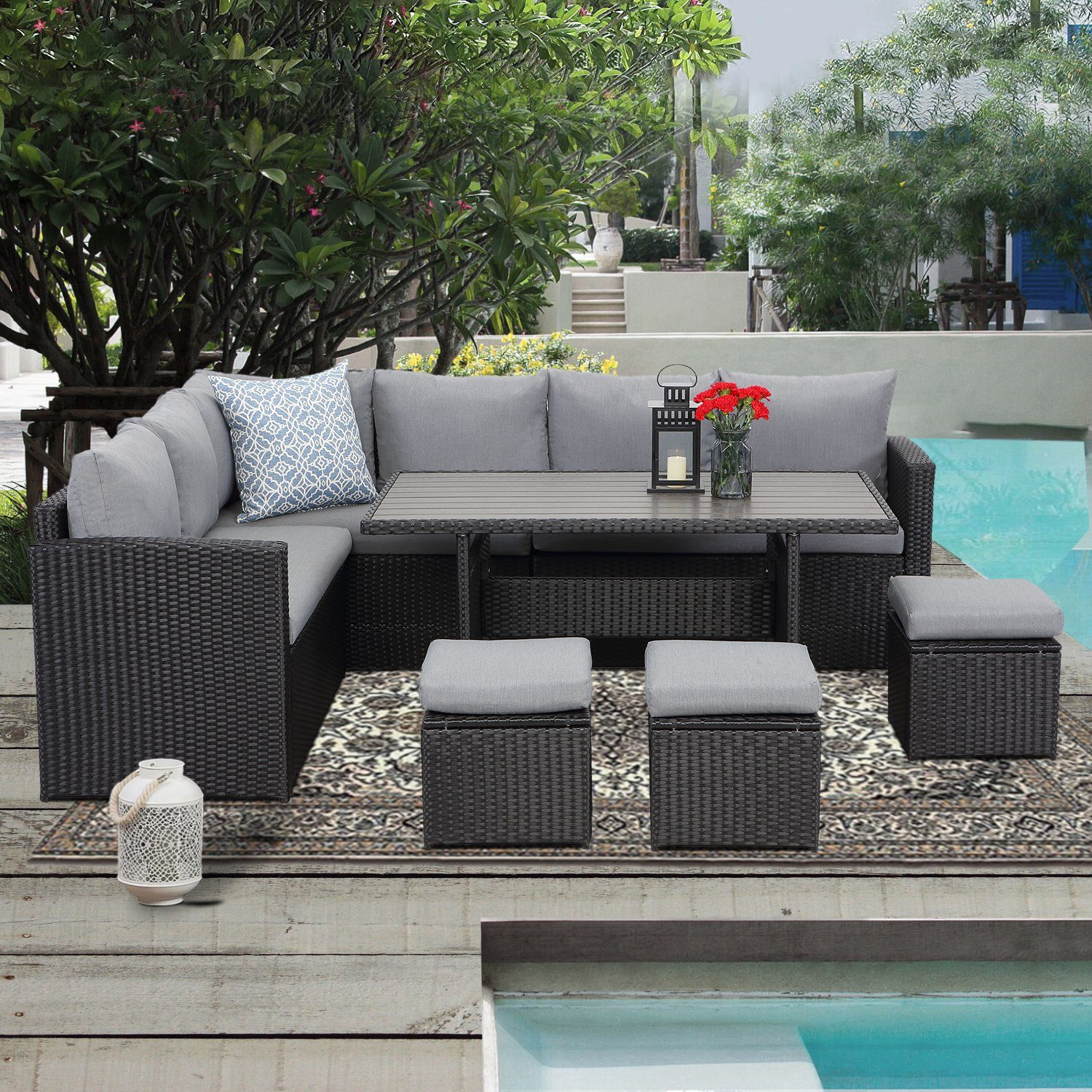 MeXo Gartenlounge-Set Polyrattan Gartenmöbel Set, (Terrassemöbel Set Lounge, 7-tlg., Ecksofa mit 3 x 2-Sitzer-Sofa, 3 Hocker, großer Esstisch 132x76x67 cm), Garten Essgruppe für 6-9 Personen