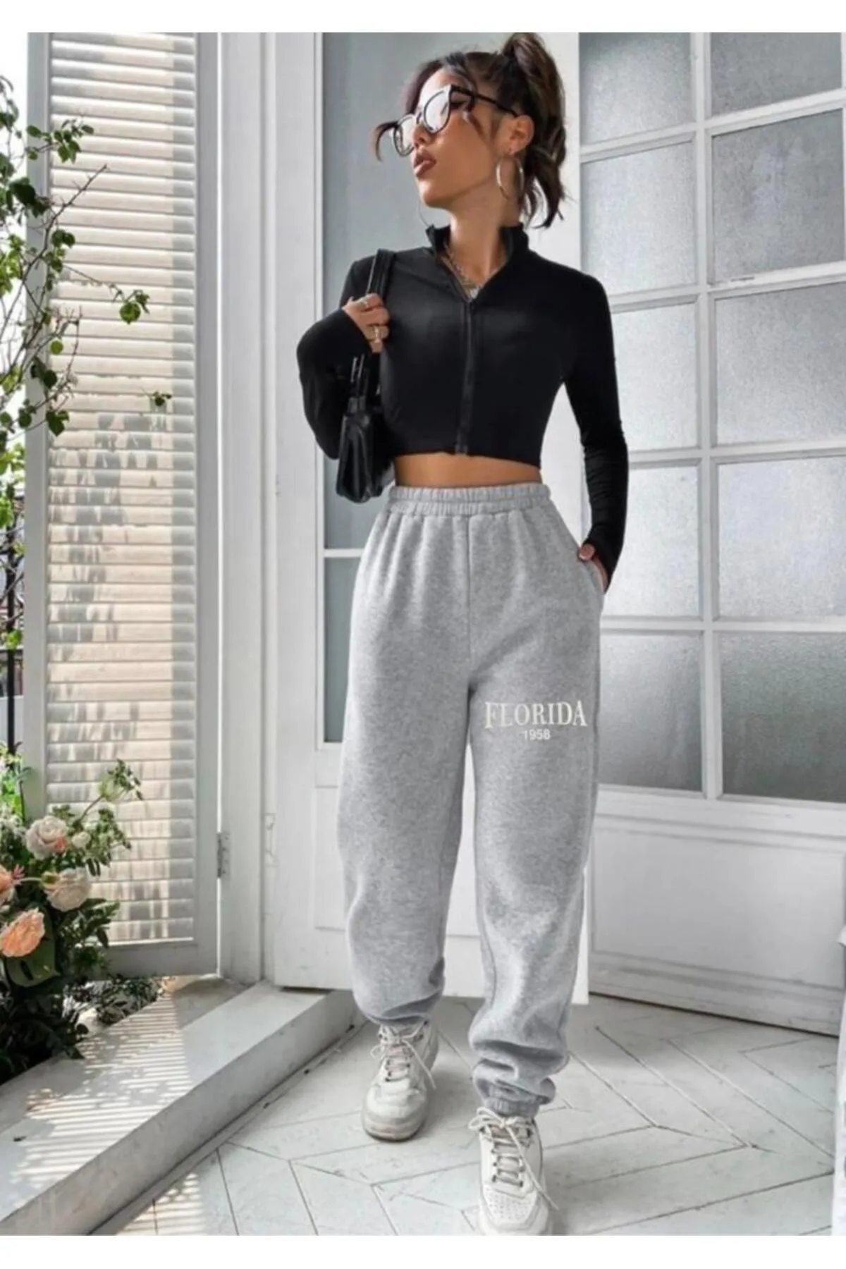 My Blog  Graue, lässige, bedruckte Florida-Jogginghose für Damen mit elastischem Bund und Beinen