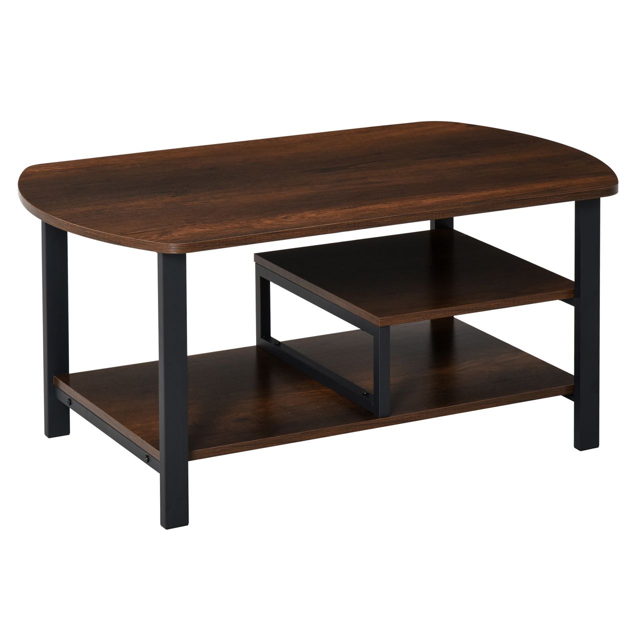 HOMCOM Couchtisch, Wohnzimmertisch Kaffeetisch mit Ablageflächen für Büro, Wohnzimmer, Schlafzimmer, industrieller Stil, E1 Spanplatte, Stahl, Braun, 100L x 60B x 46H cm
