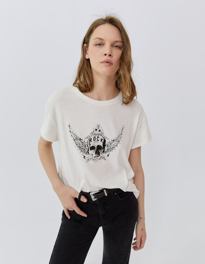 Tee-shirt blanc cassé visuel tête de mort ailée Femme