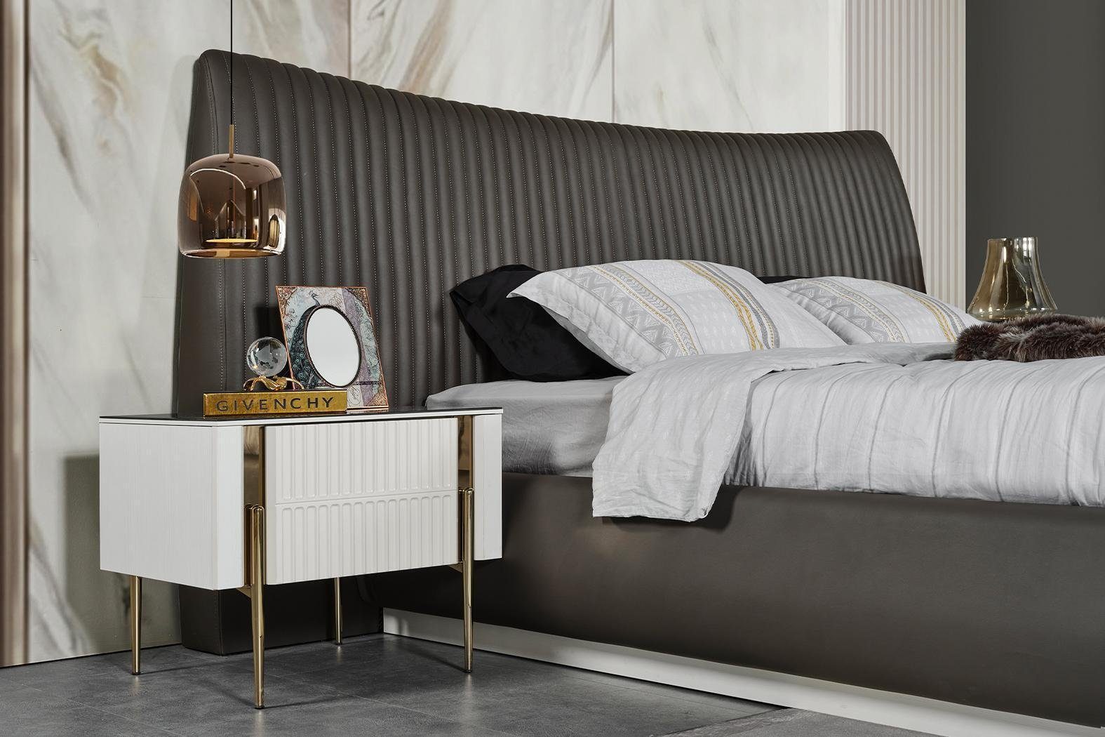 JVmoebel Schlafzimmer-Set Stilvolle Schlafzimmergarnitur Luxus Graues Bett 2x Weiße Nachttische, (3-St., Bett, 2x Nachttische), Made in Europa