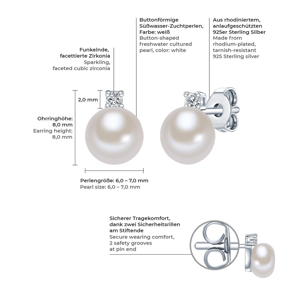 Valero Pearls Puce d'oreille en perle Perle de culture d'eau douce Oxyde de zirconium (CZ) Perl Boucles d'oreilles