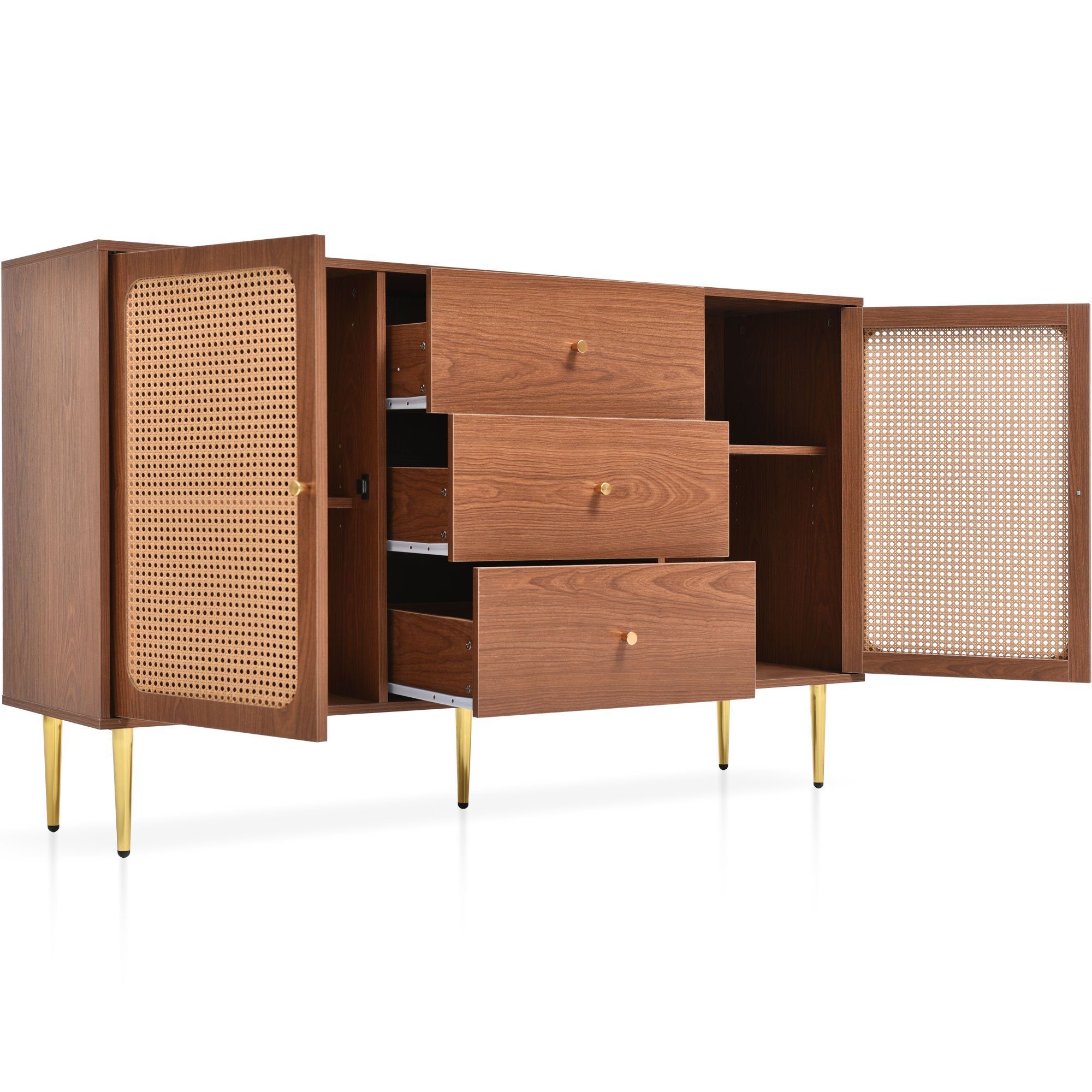 Flieks Kommode, Sideboard 3 Schubladen 2 Türen Rattan Nussbaum 150x40x90cm