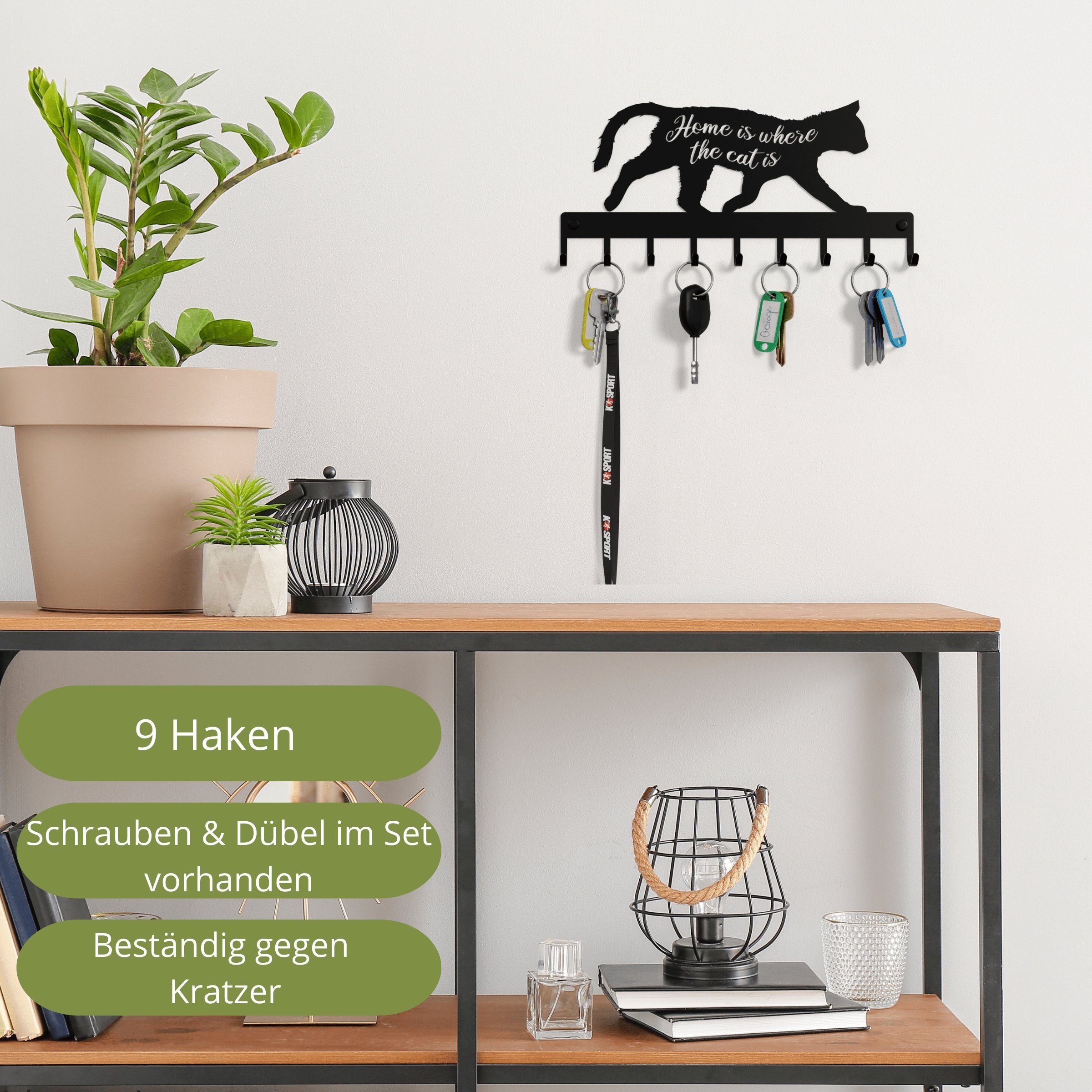 NOGGI - Home Decor Masters Schlüsselleiste Schlüsselhaken mit Motiv, (Schlüsselbrett HOME IS WHERE THE CAT IS I Schlüsselablage mit 9 Haken I Schlüsselhalter für die Wand, Wandbefestigung im Set enthalten), Made in EU