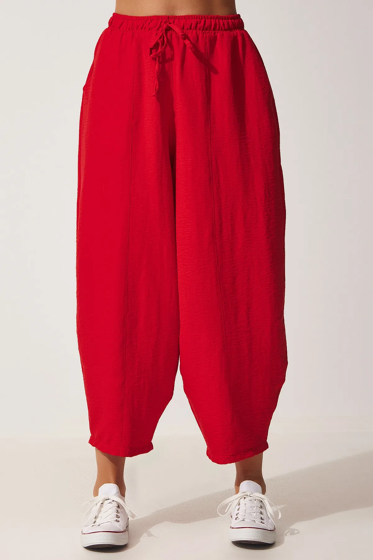 Happiness İstanbul  Rote Shalwar-Hose aus Leinenviskose für Damen mit Taschen CV00001