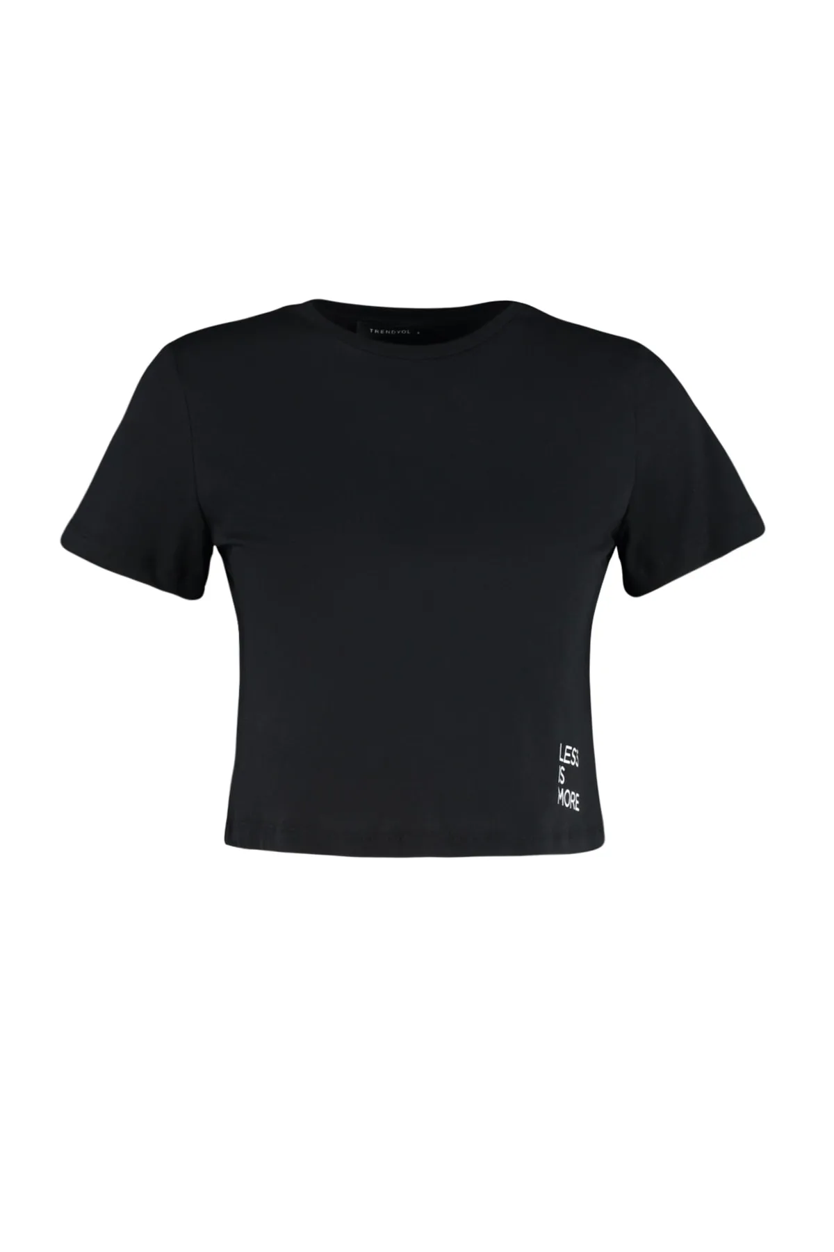 Trendyol Collection  Schwarzes, kurzes Strick-T-Shirt mit Rundhalsausschnitt und Slogan-Print aus 100 % Baumwolle TWOSS23TS00125