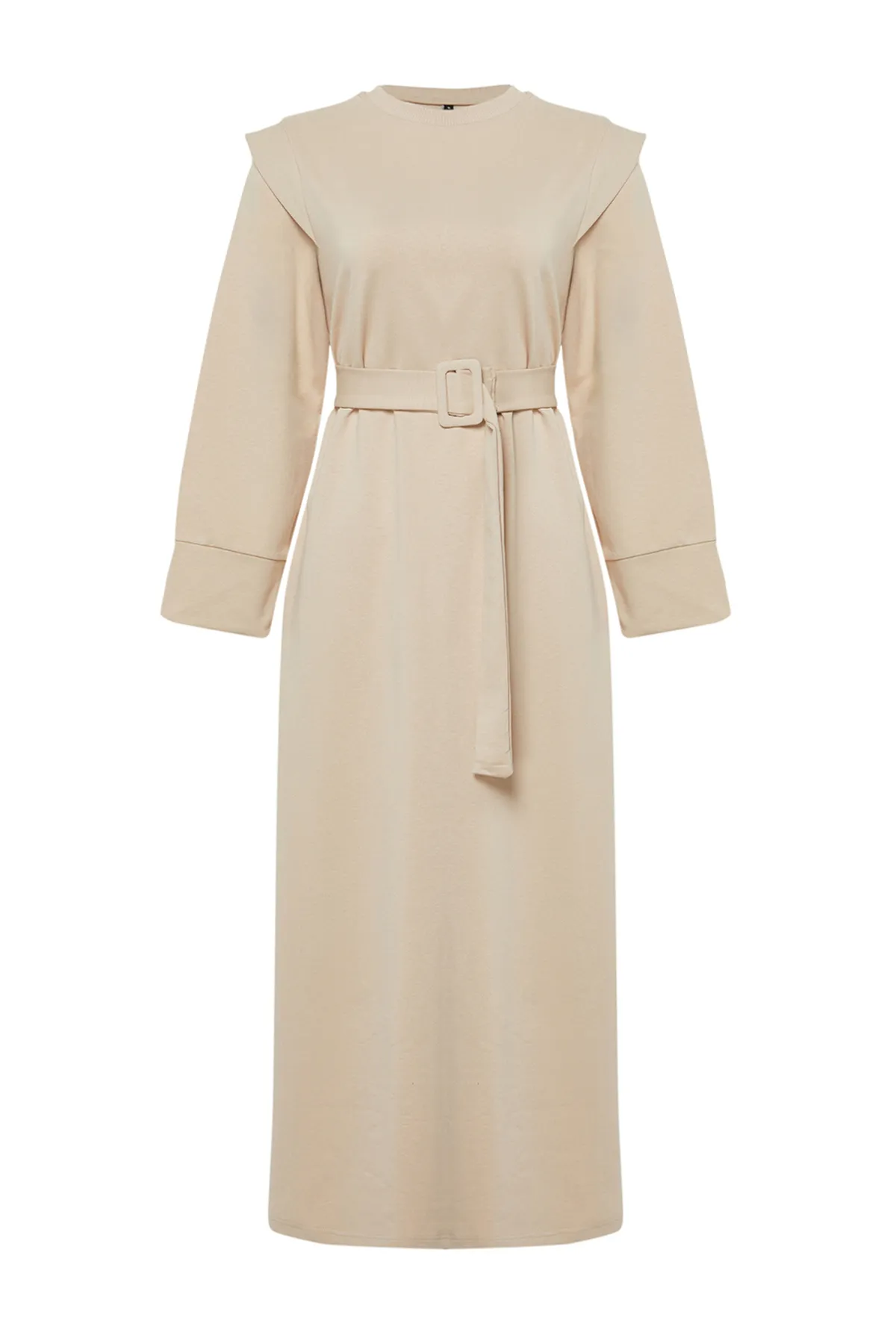 Trendyol Modest  Beigefarbenes Strickkleid mit Gürtel und Schulterdetail TCTSS24EB00120