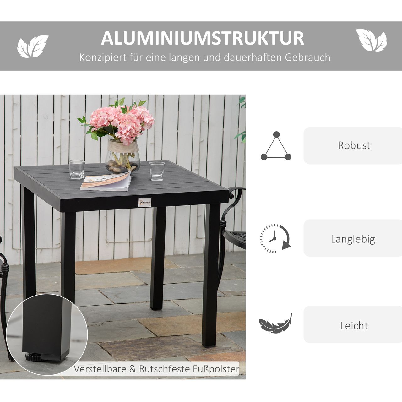 Outsunny Gartentisch für 4 Personen Esstisch Aluminiumtisch Gartenmöbel Loungemöbel pflegeleicht Kunststoff Schwarz 140 x 90 x 74 cm