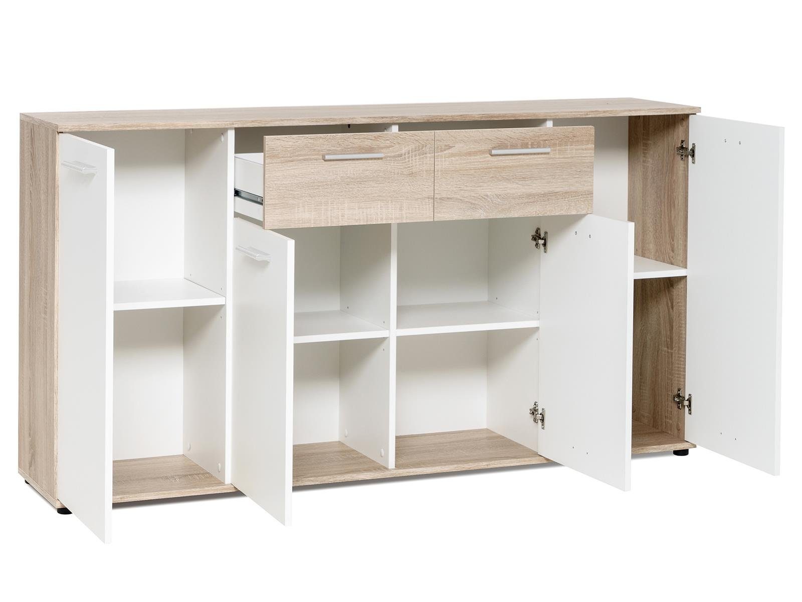 möbelando Sideboard Jacklin, Modernes Sideboard aus Spanplatte in Sonoma-Eiche Nachbildung mit Absetzungen in Weiß mit 2 Schubkästen und 4 Türen dahinter je 1 Boden. Breite 160 cm, Höhe 85 cm, Tiefe 35 cm