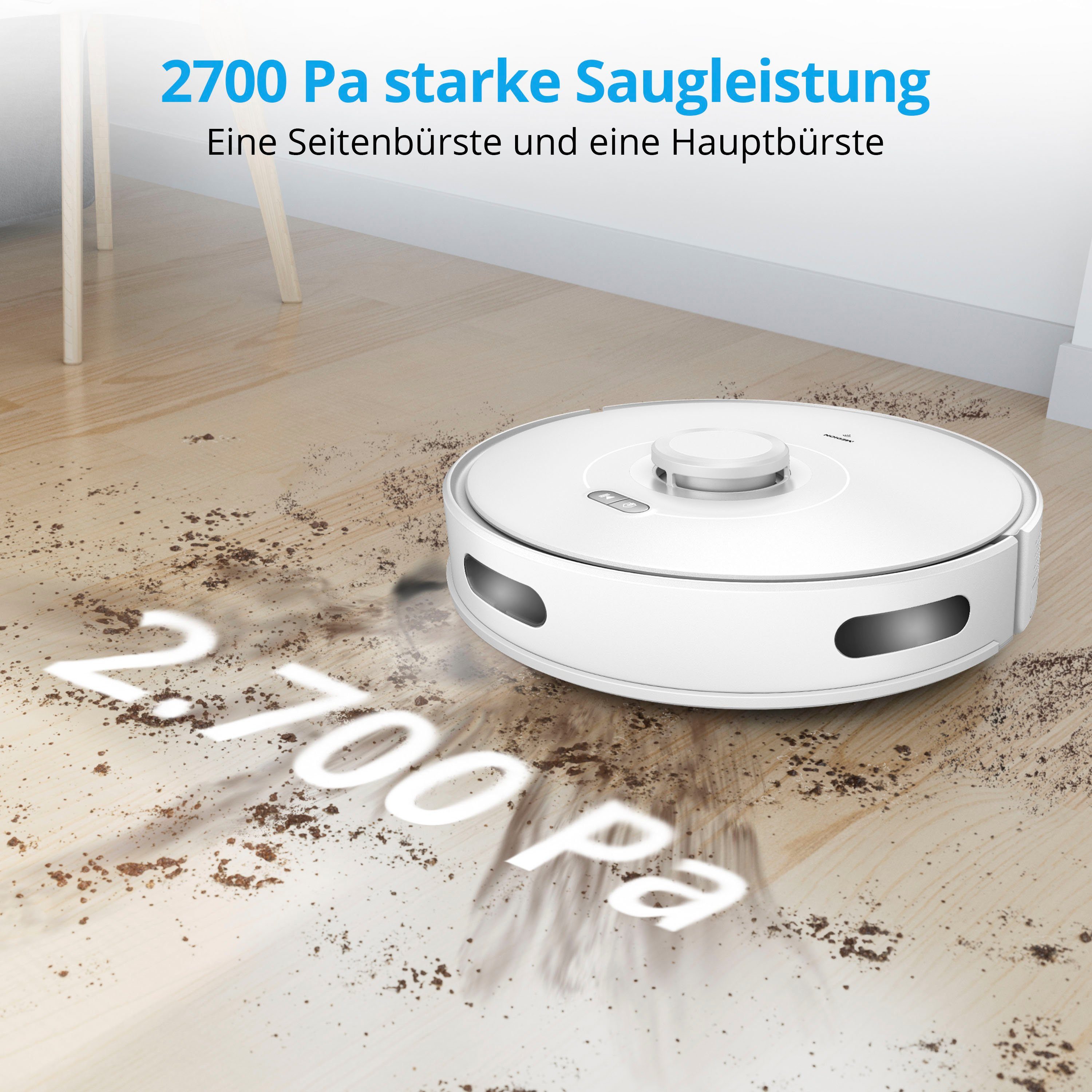 Medion® Saugroboter X10 SW, mit Lasernavigation und Wischfunktion, 20 W, 2.700Pa Saugkraft, 2in1 Roboterstaubsauger, präzise Kartenerstellung