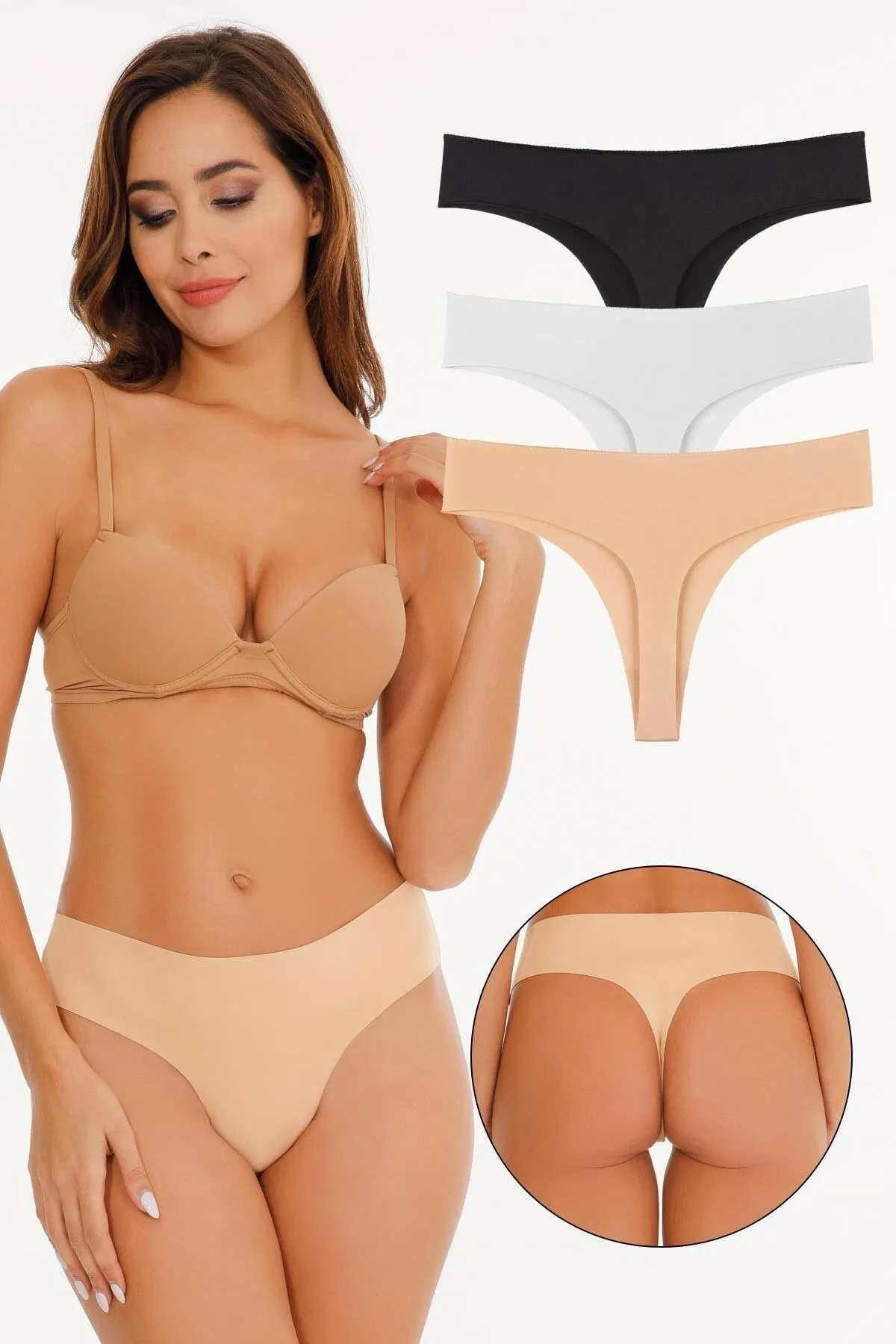 Sensu  Damen-Tanga-Höschen aus Baumwolle mit Laserschnitt, 3-teiliges Set – KTT3085PMK-3