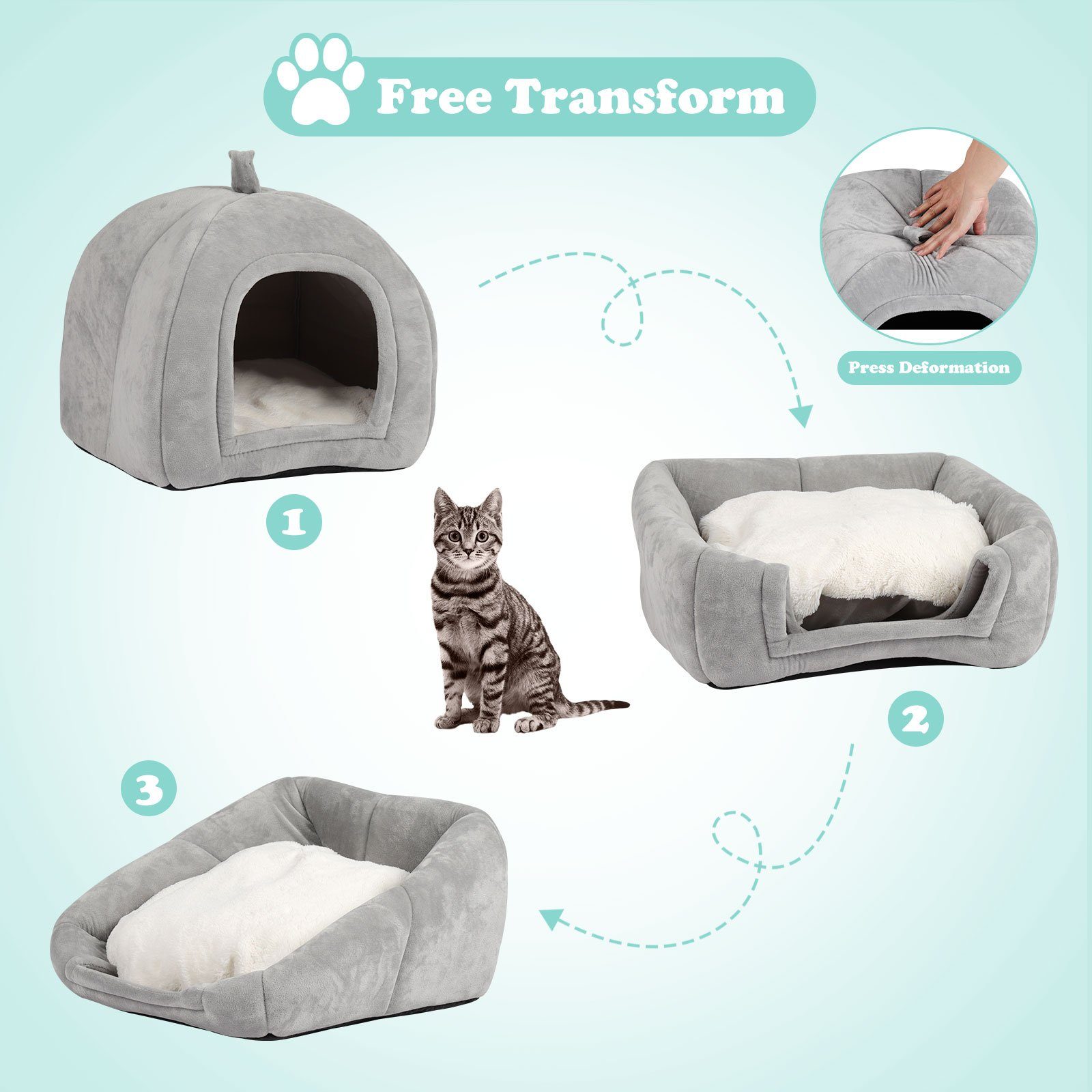 radelldar Tierbett Katzenhöhle Katzenbett flauschig Samt mit Katzenkissen 42x42x45cm, samt, Katzenhaus waschbar klappbar mit Handle