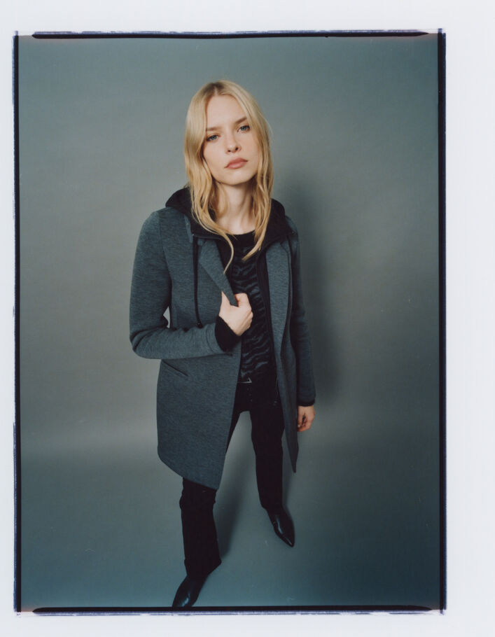 Manteau long en néoprène et capuche amovible femme